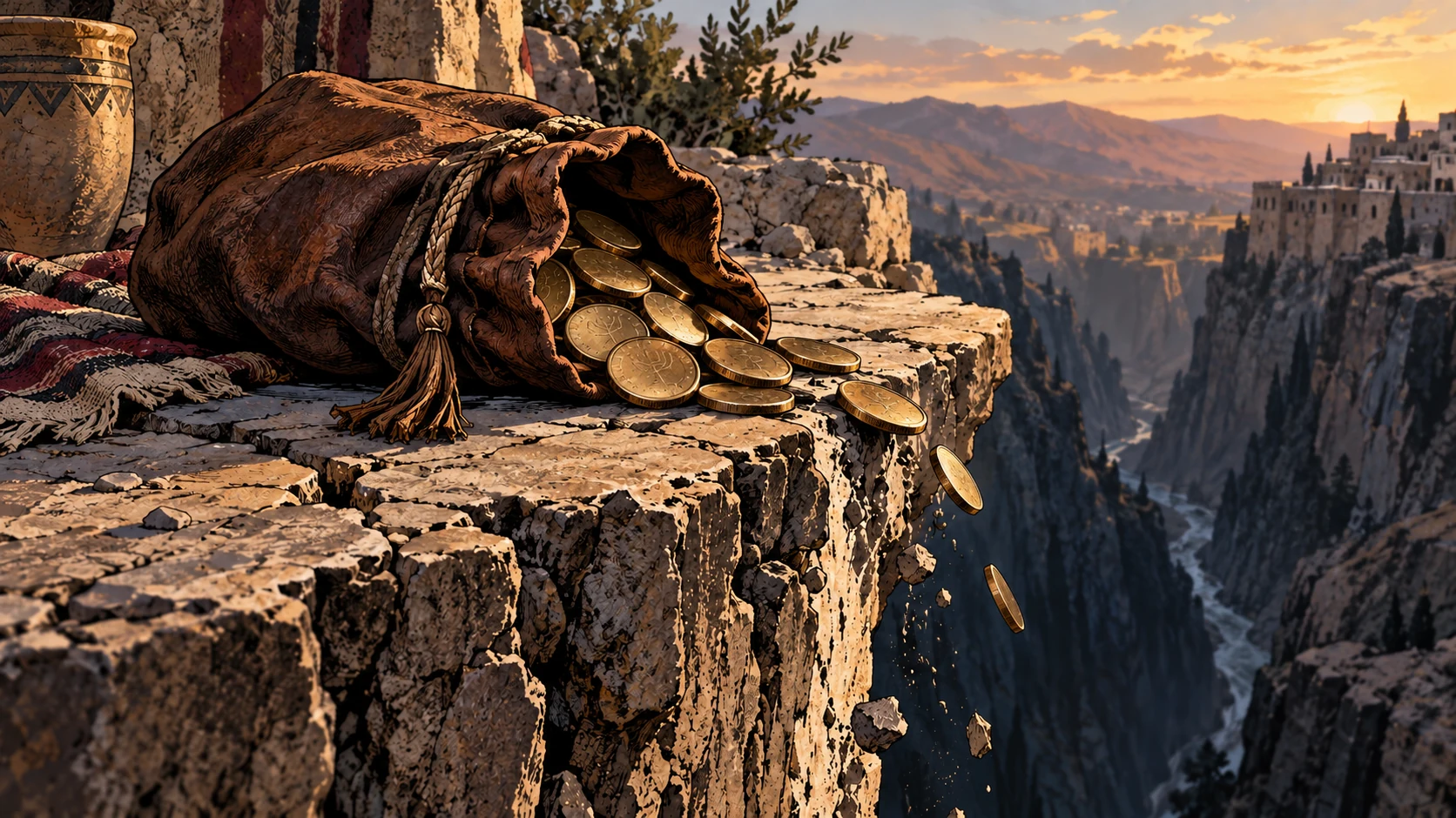 An overfilled purse spills coins over a fractured cliff edge.