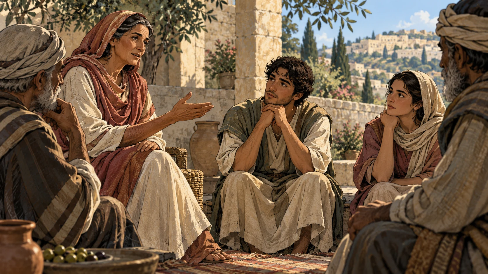 An older woman instructs attentive adult listeners in a modest courtyard.