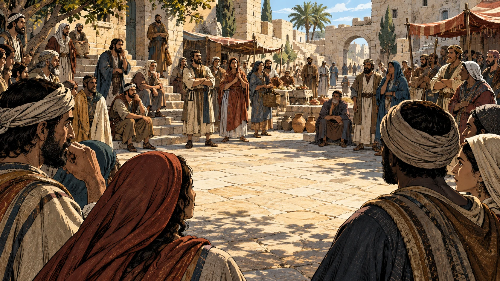 Anonymous listeners surround an open town square.