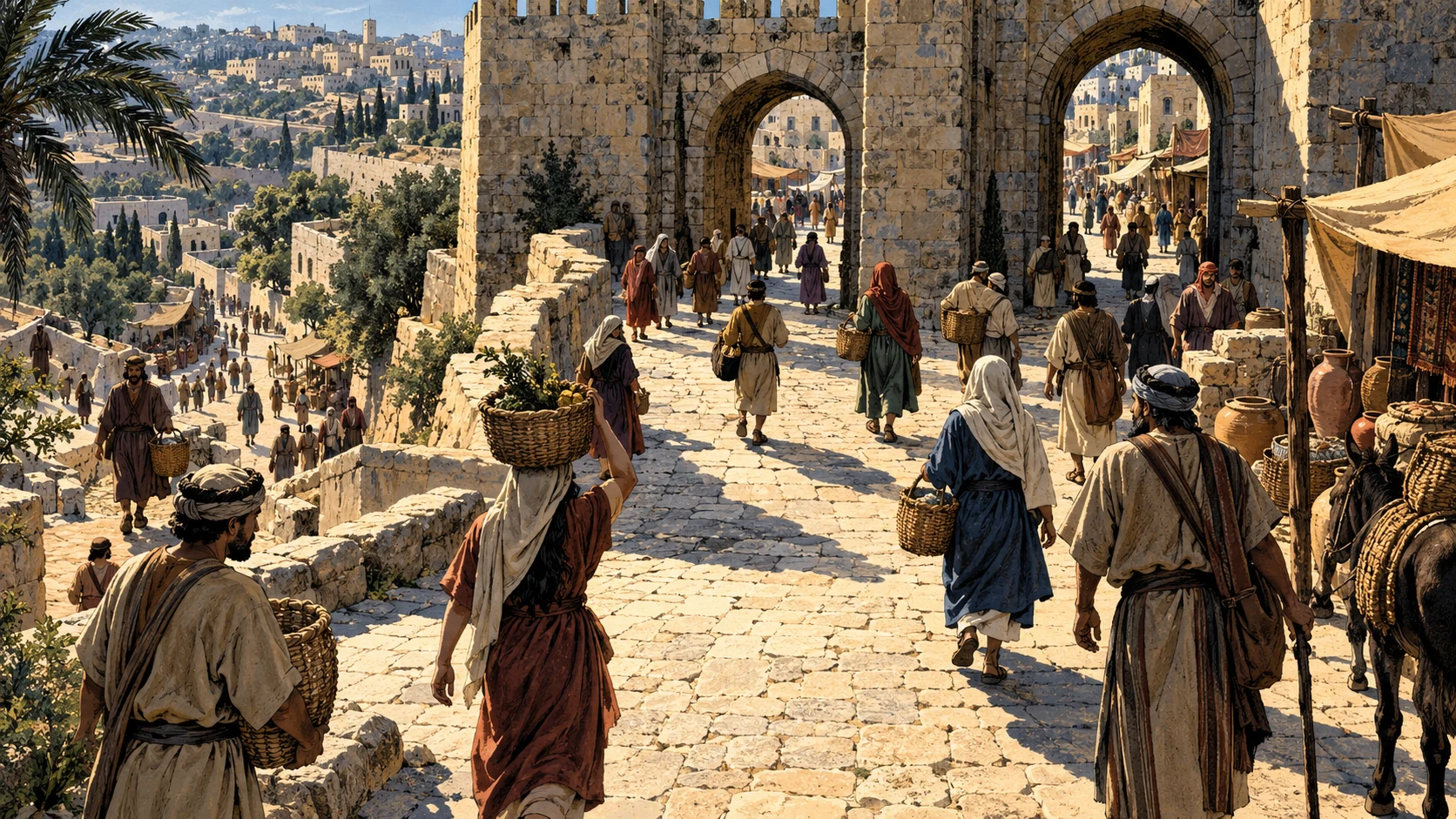 Basket-carrying adults pass through a busy city gate and intersecting streets.