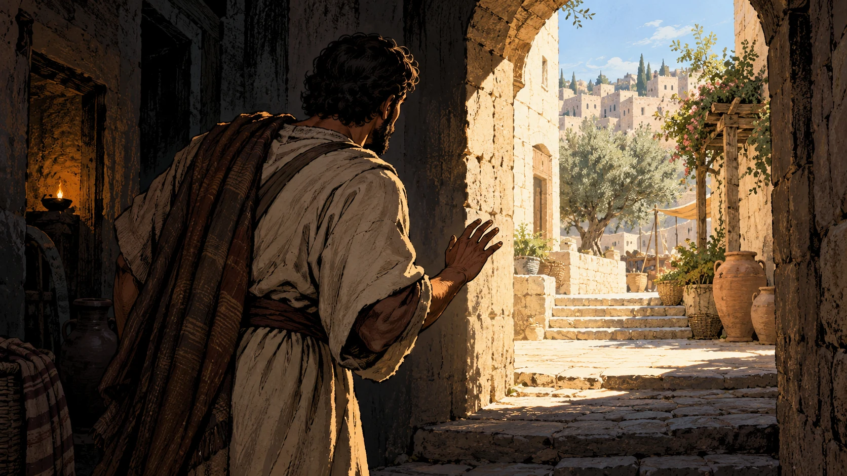An anonymous adult turns from shade toward an open sunlit courtyard.
