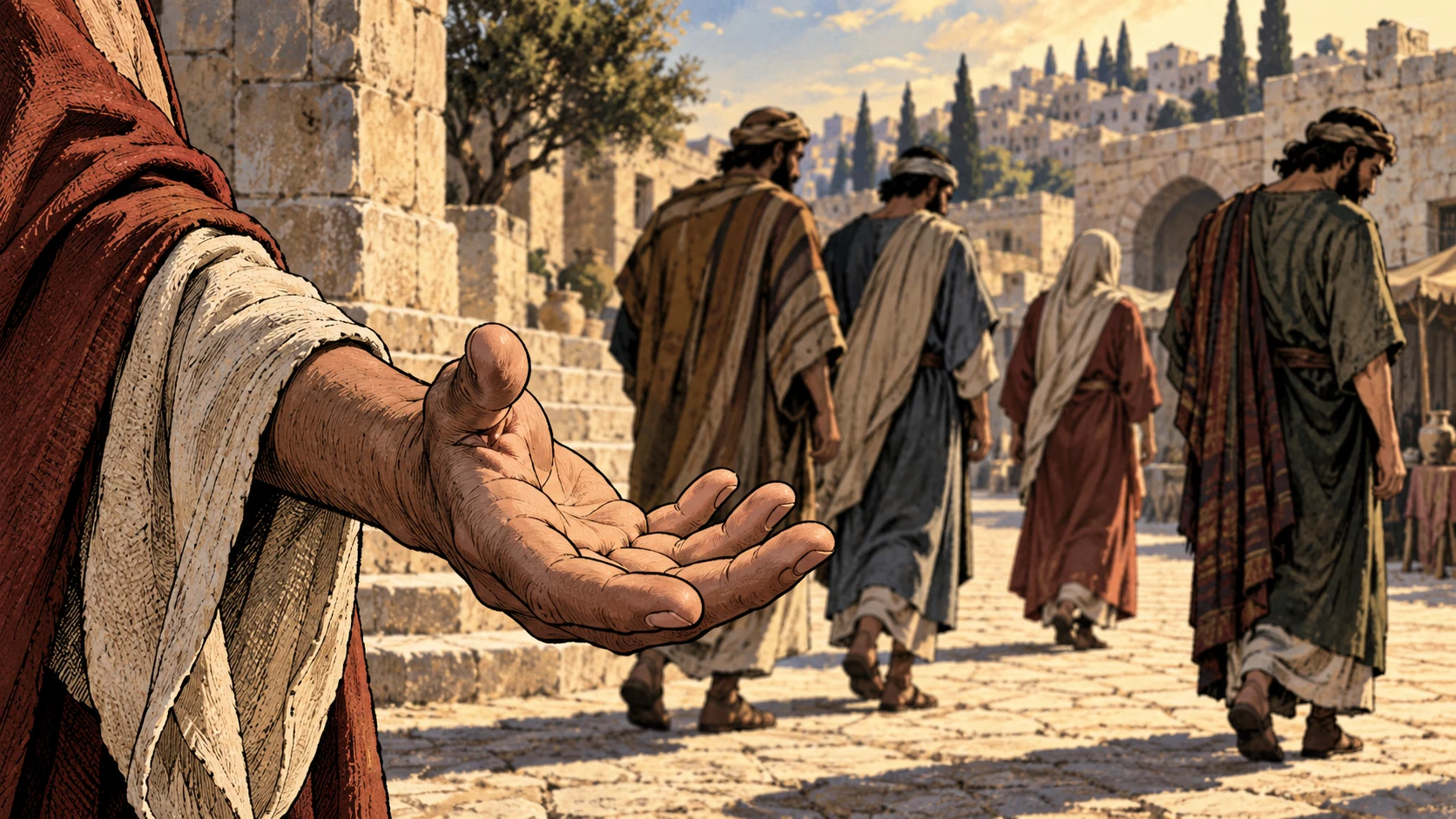An open hand reaches toward departing anonymous adults.