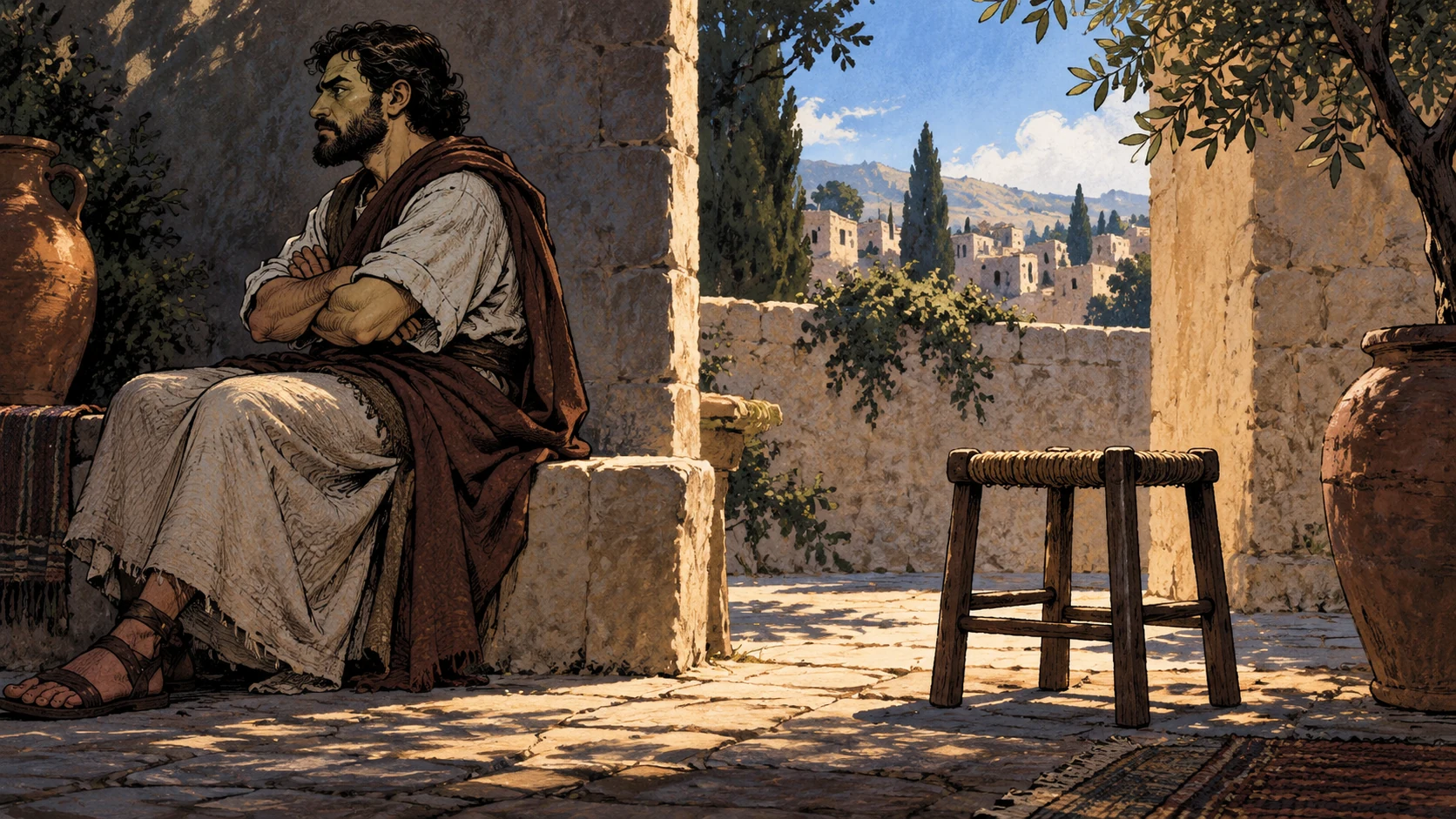 A seated adult folds his arms beside an empty facing stool.