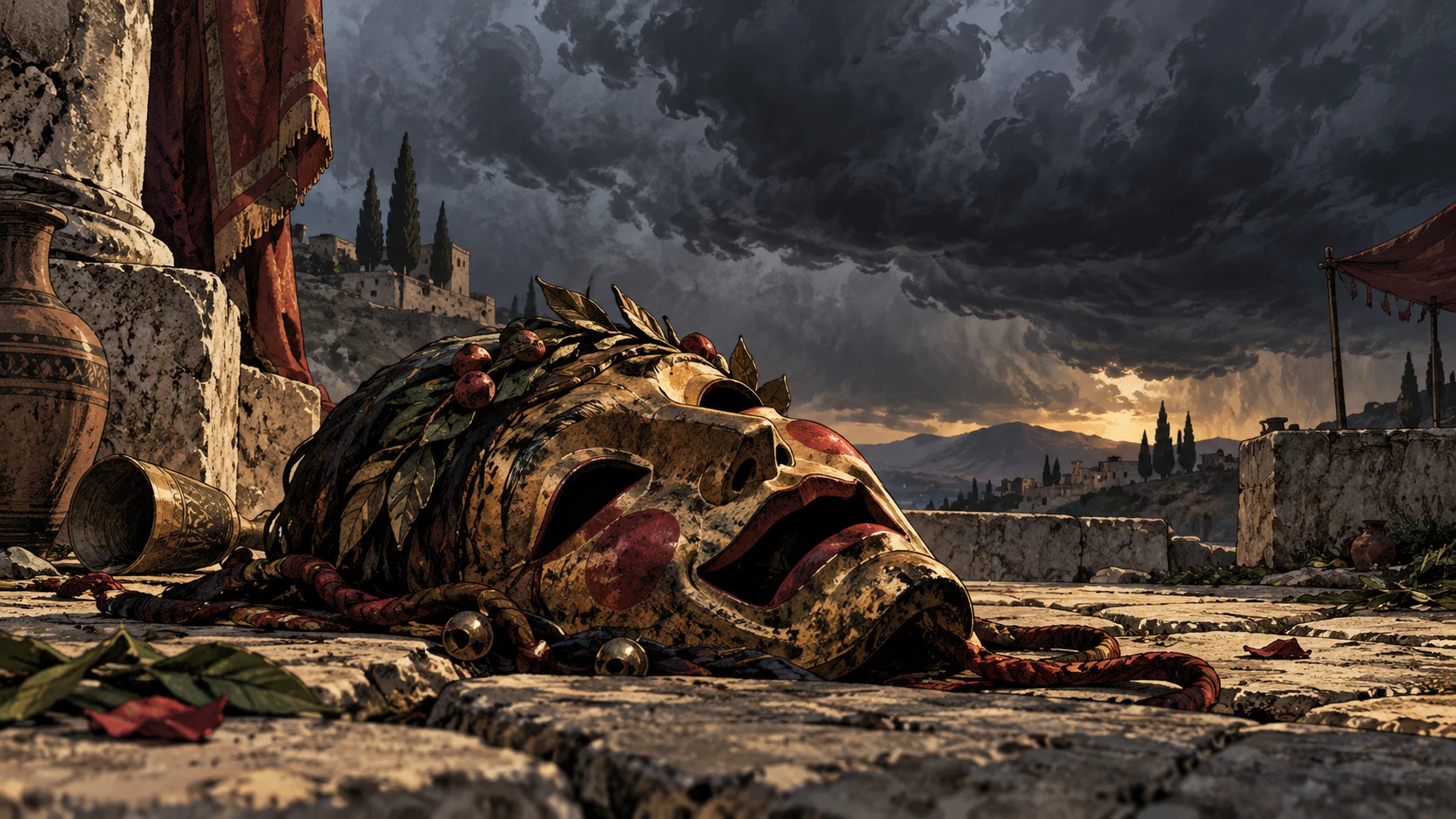 An abandoned laughing mask lies beneath approaching storm clouds.