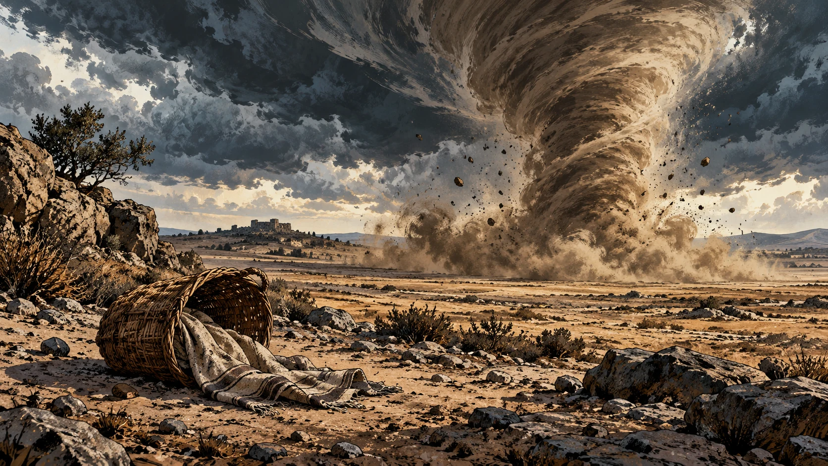 A dusty whirlwind crosses an empty plain beneath heavy clouds.