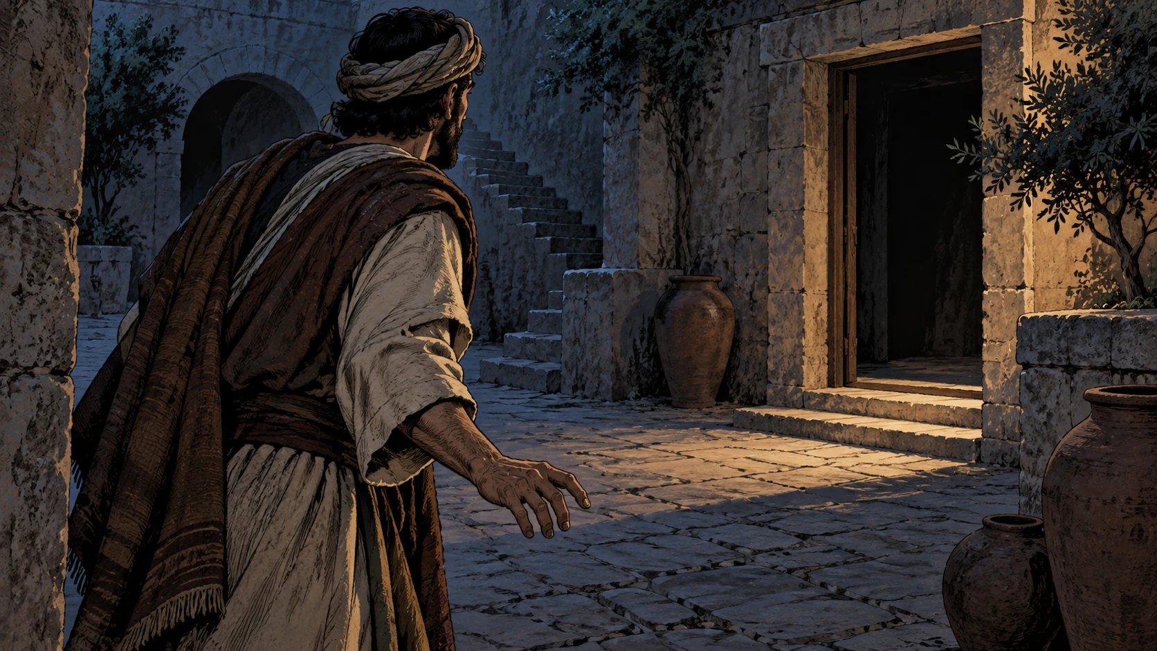 An anonymous adult searches a dim courtyard facing an empty doorway.