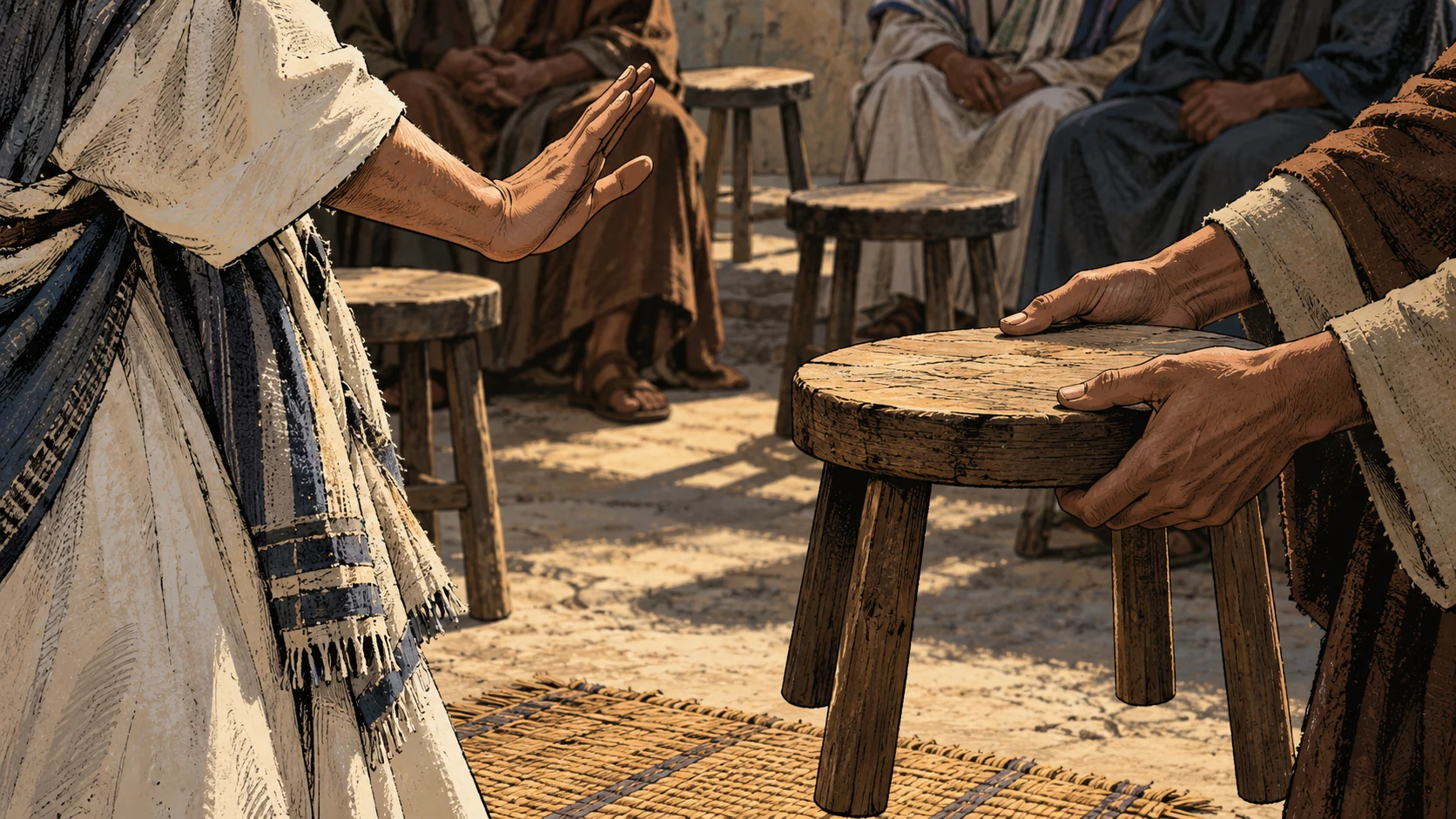 An anonymous refusal palm faces an offered listening stool.