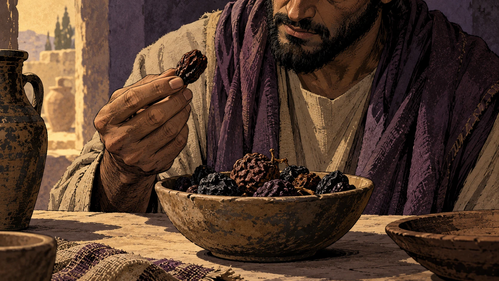 An adult examines shriveled fruit above a plain bowl.