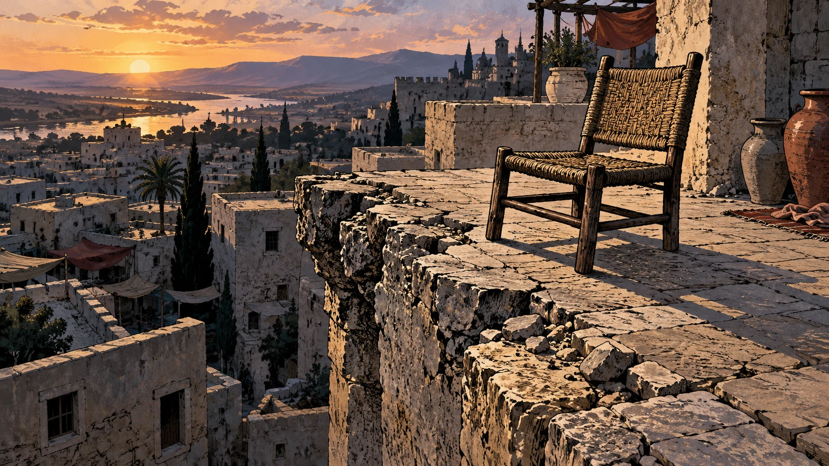 An empty woven chair stands beside a crumbling rooftop edge.