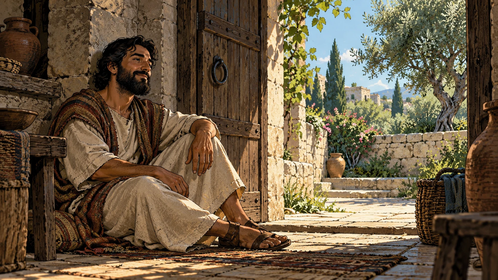 An anonymous adult rests peacefully beside a modest doorway and garden.