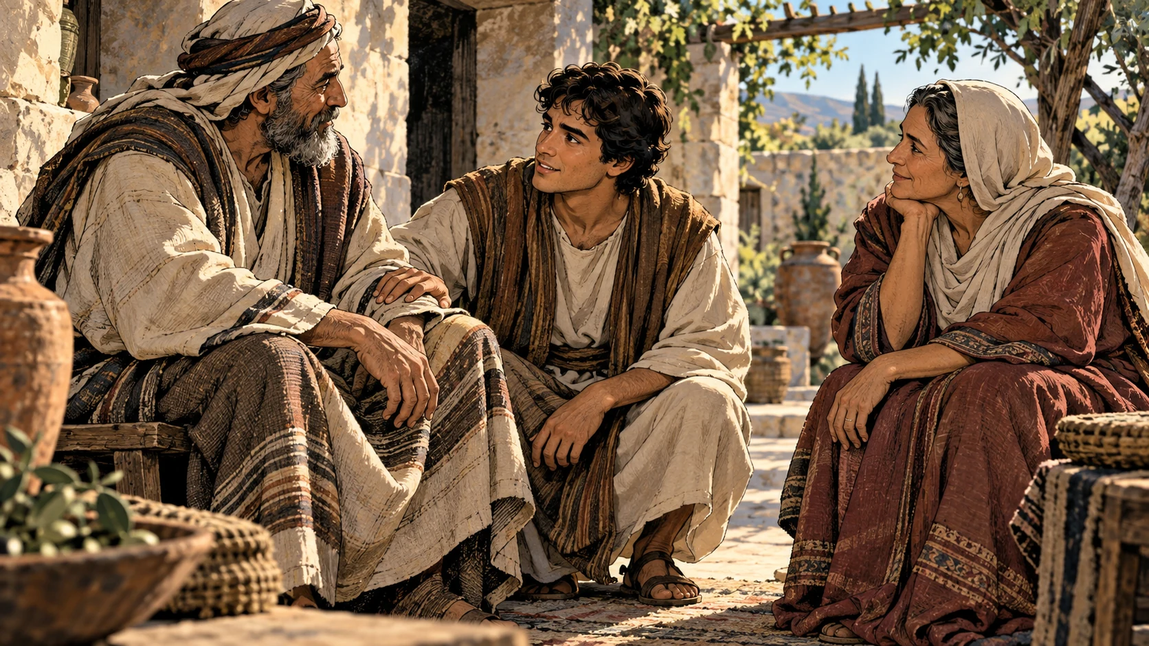 An adult son listens between his father and mother in a courtyard.