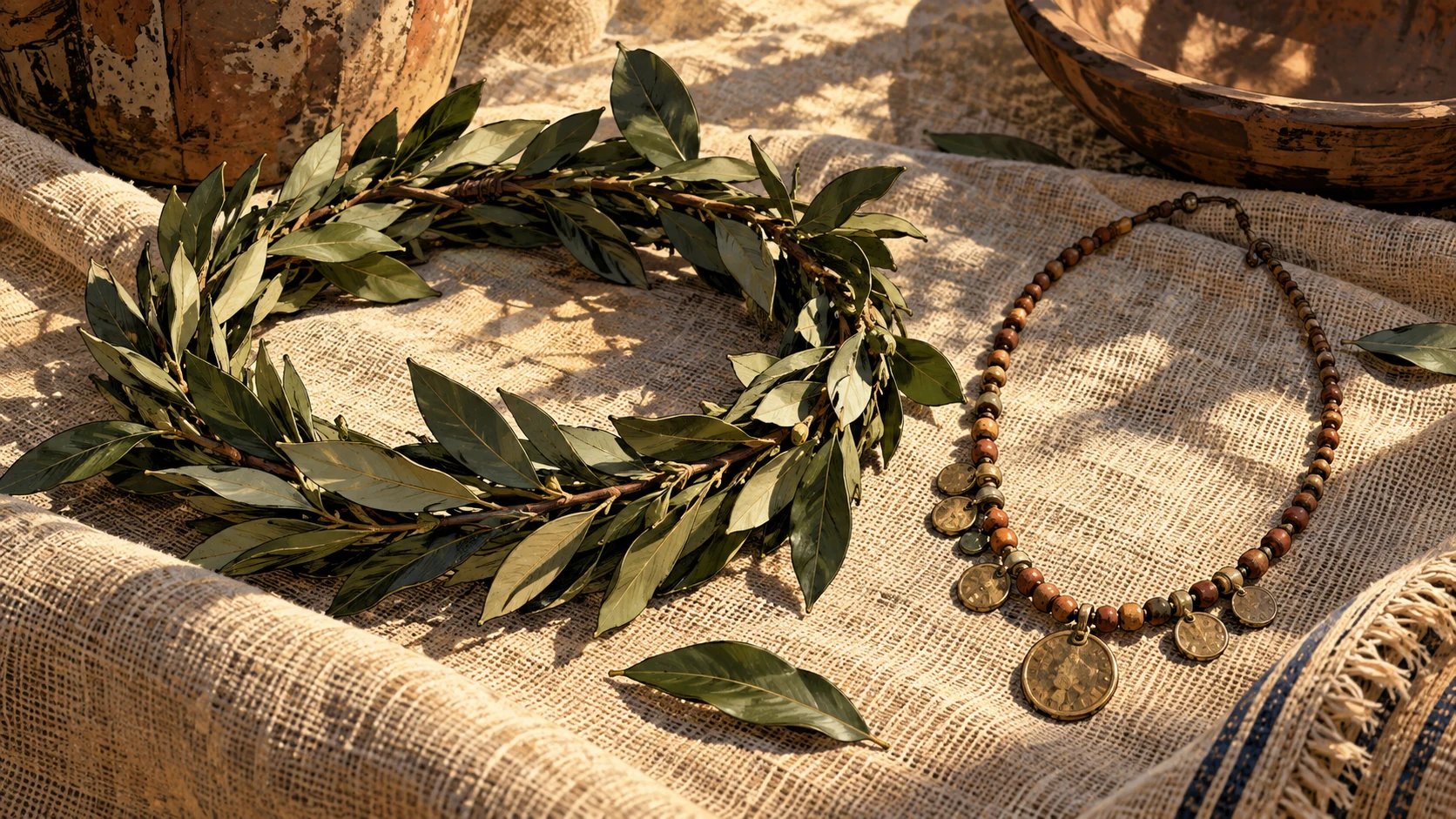 A leafy wreath and modest necklace rest on woven linen.