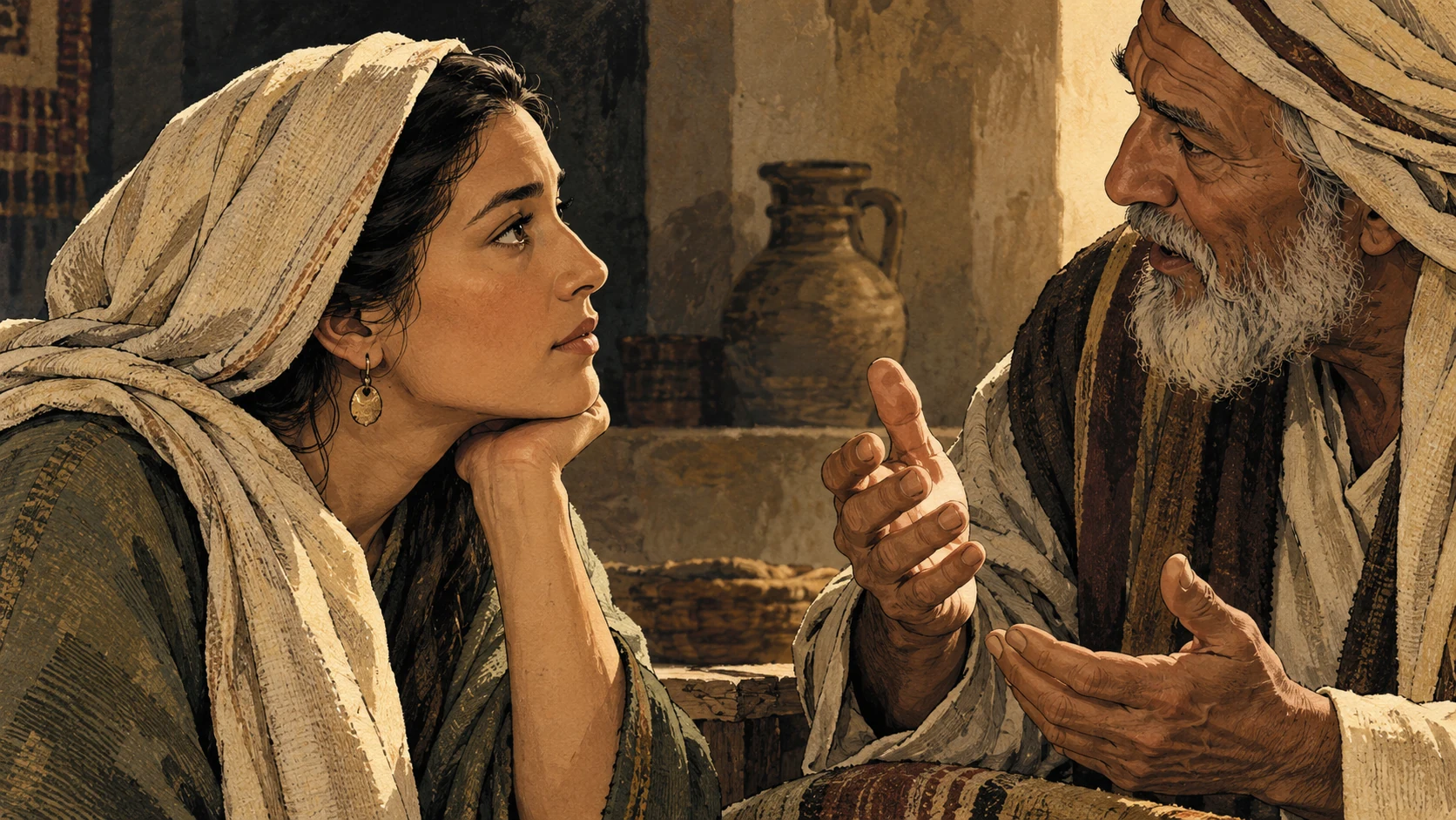 A mature anonymous woman leaning attentively toward an elder teacher in a plain ancient interior; profile close view of attentive face and ear, warm olive and cream, no scroll text. No courtyard vista.