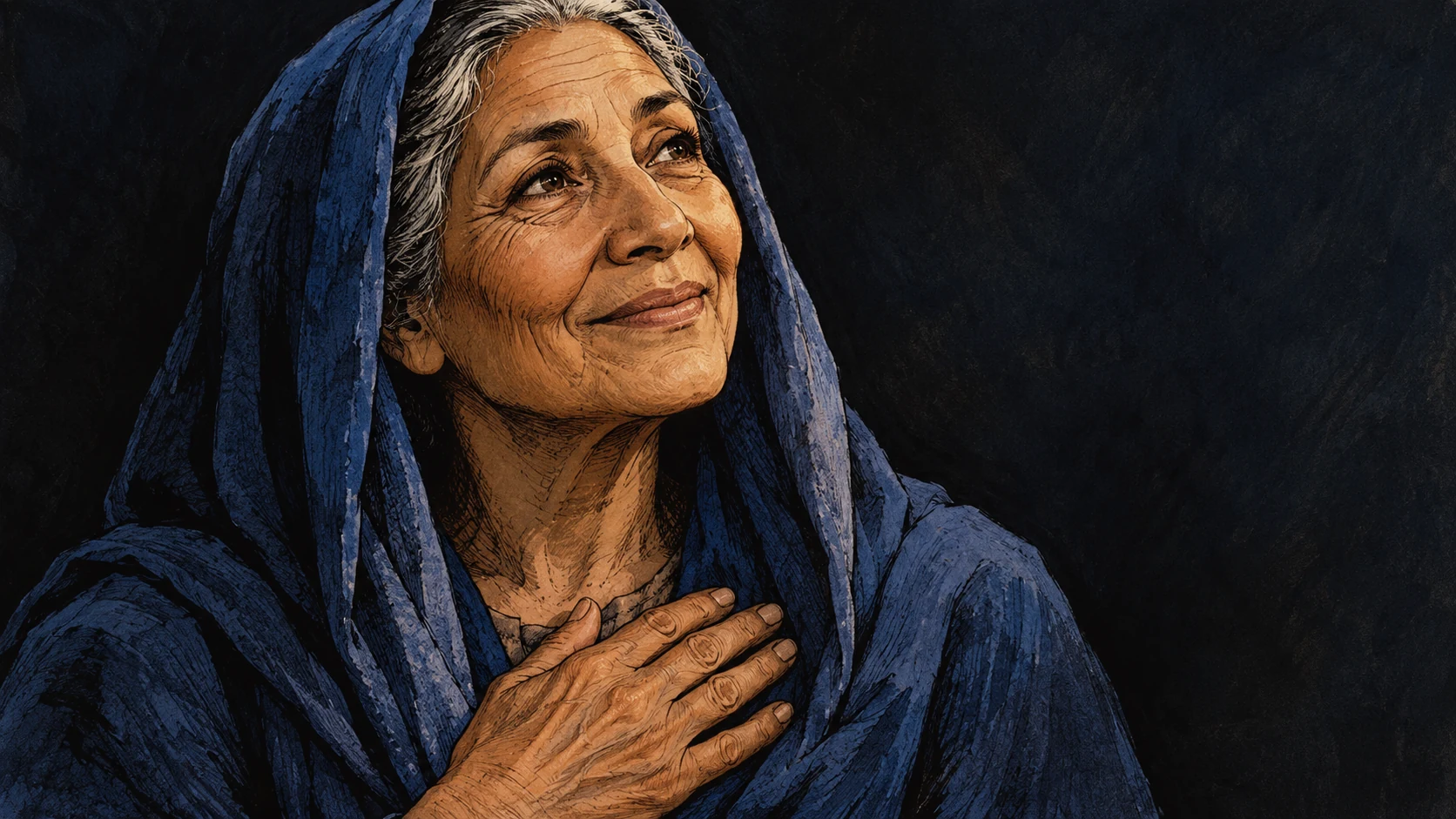 An anonymous older woman in indigo smiles quietly while listening, one relaxed hand resting lightly over her heart; intimate face-and-hand portrait, simple dark backdrop, no heart icon or glowing body.
