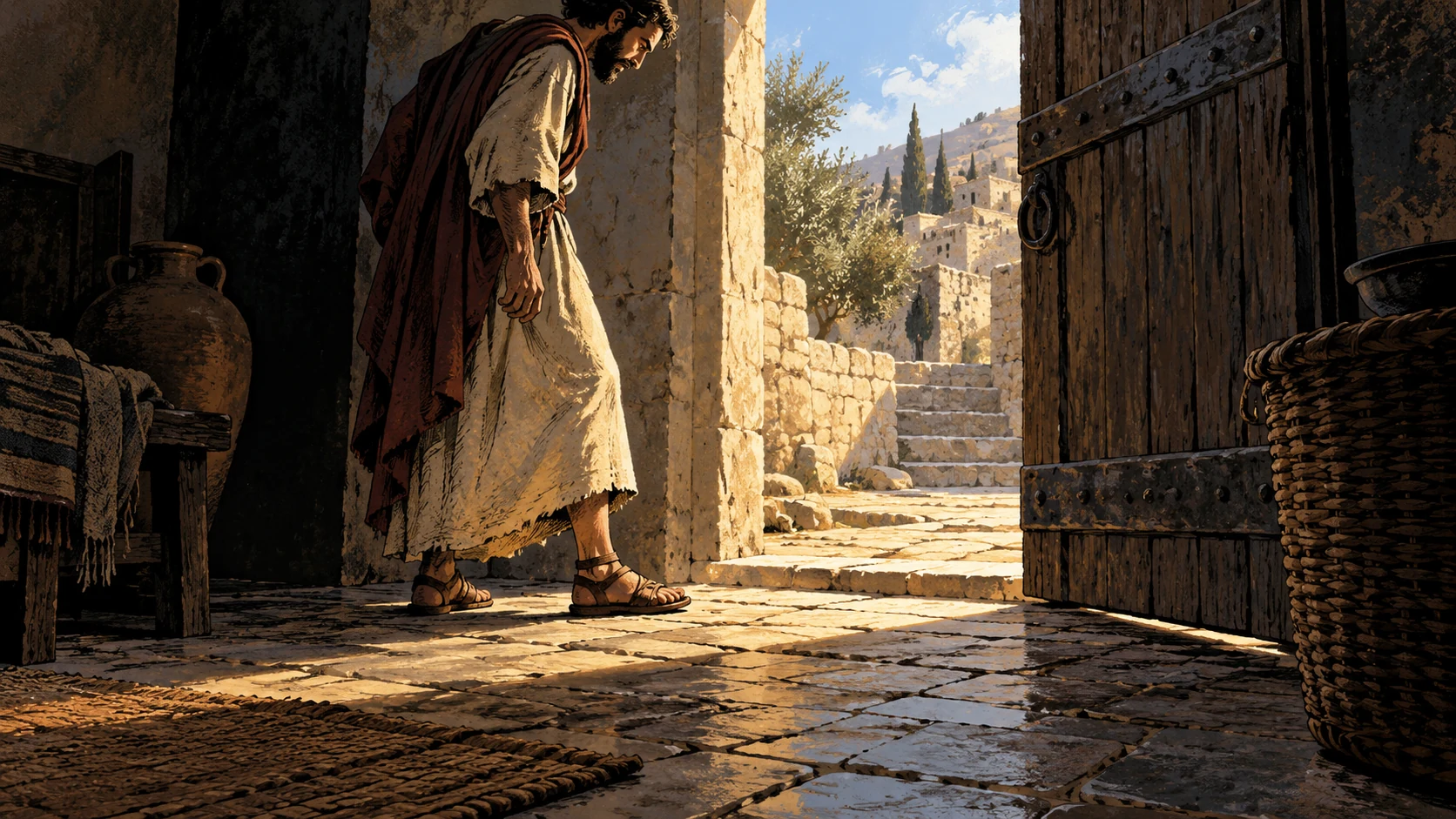 Anonymous adult pauses at a well-lit doorway and carefully studies the ground before taking a step; low interior reverse view, clear observational attention, no literal personified guard or divine figure.
