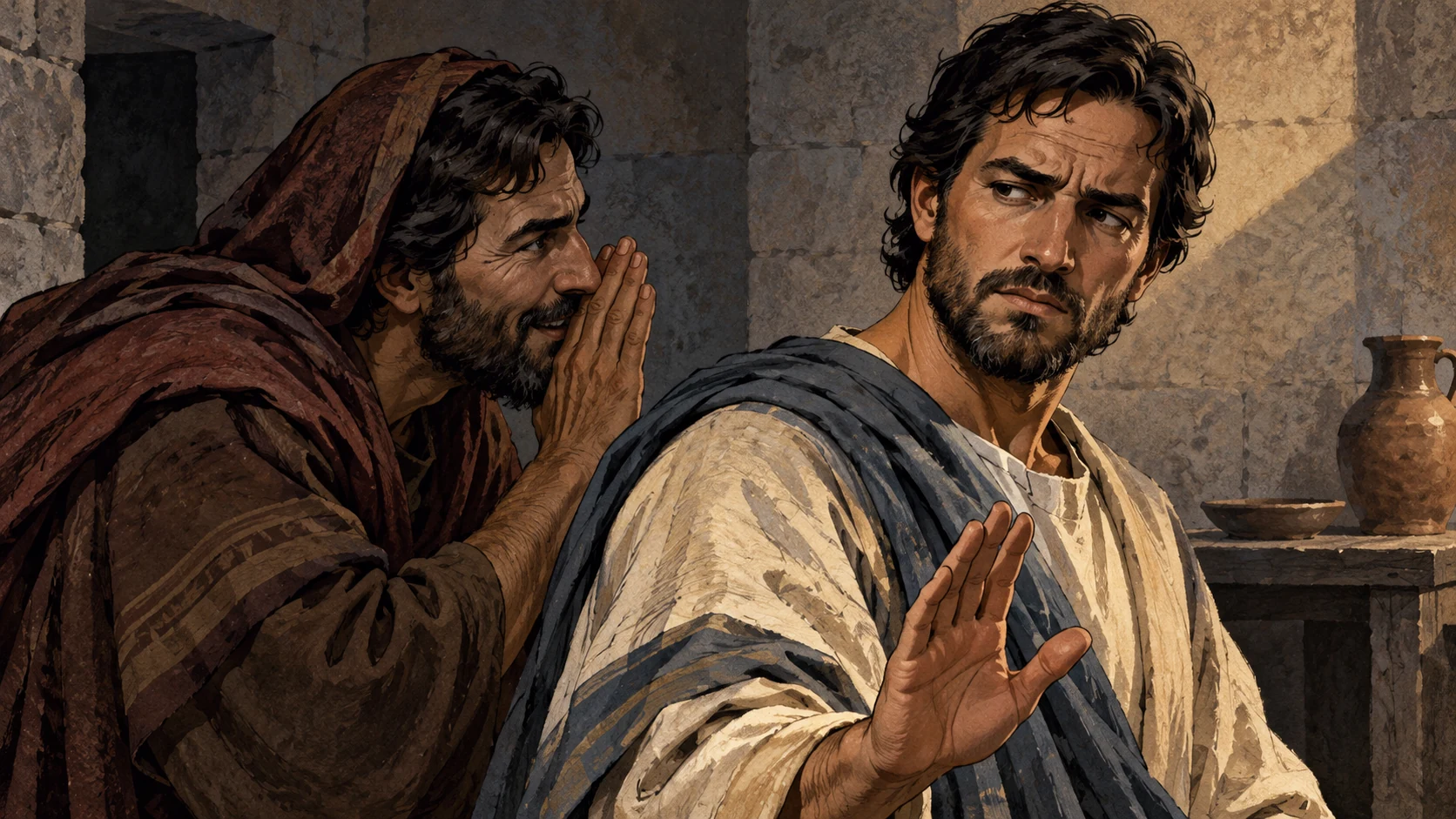 An anonymous adult turns away from another adult whose manipulative whispering posture is visible, close side profile, no written speech and no identified historical pair; plain stone room.