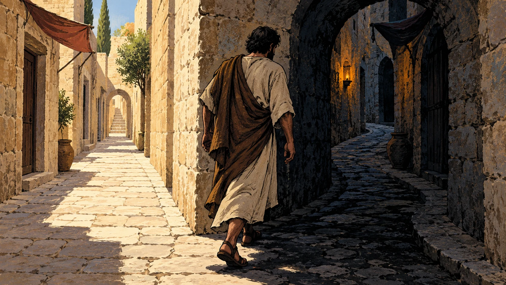 Rear wide view of an anonymous adult leaving a straight lit lane for a twisting shadowed archway, enclosed ancient streets with no distant lake or skyline.