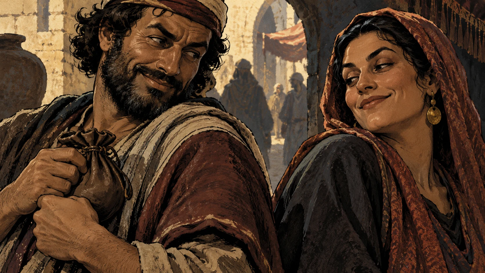 Close portrait of two different anonymous adults exchanging satisfied mocking expressions over a concealed purse; sober depiction of moral complacency, no victim, violence or text.