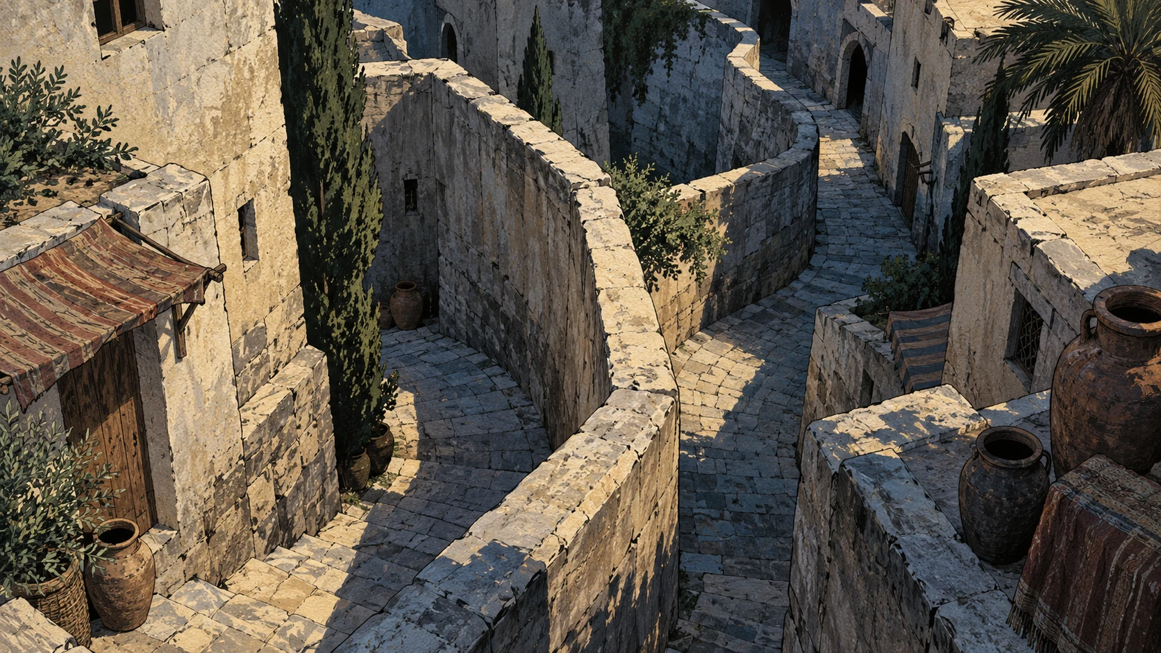 Bird’s-eye architectural view of a winding ancient alley doubling back behind walls, no people, no arrows or lettering, angular ink geometry, blue-gray shadows.