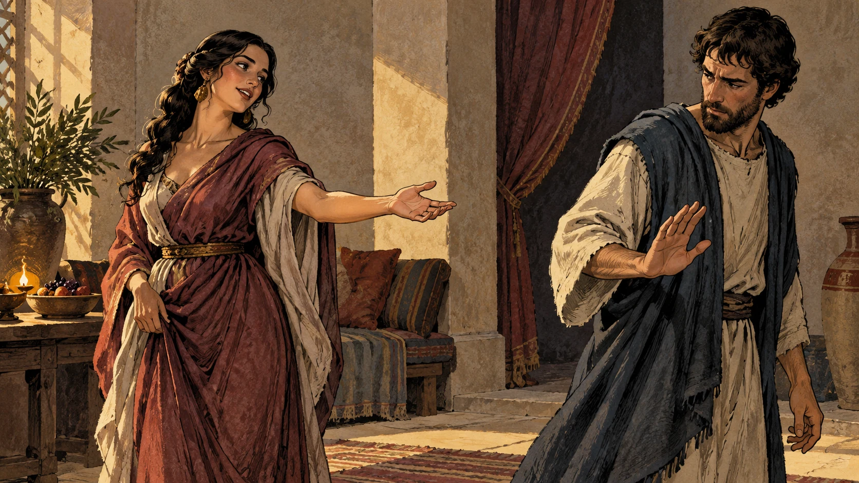 Two anonymous clothed adult figures in a neutral ancient interior, a woman speaks with a gentle inviting hand while an adult man hesitates and keeps distance; medium side view, modest ordinary dress, no ethnic caricature, no erotic pose.