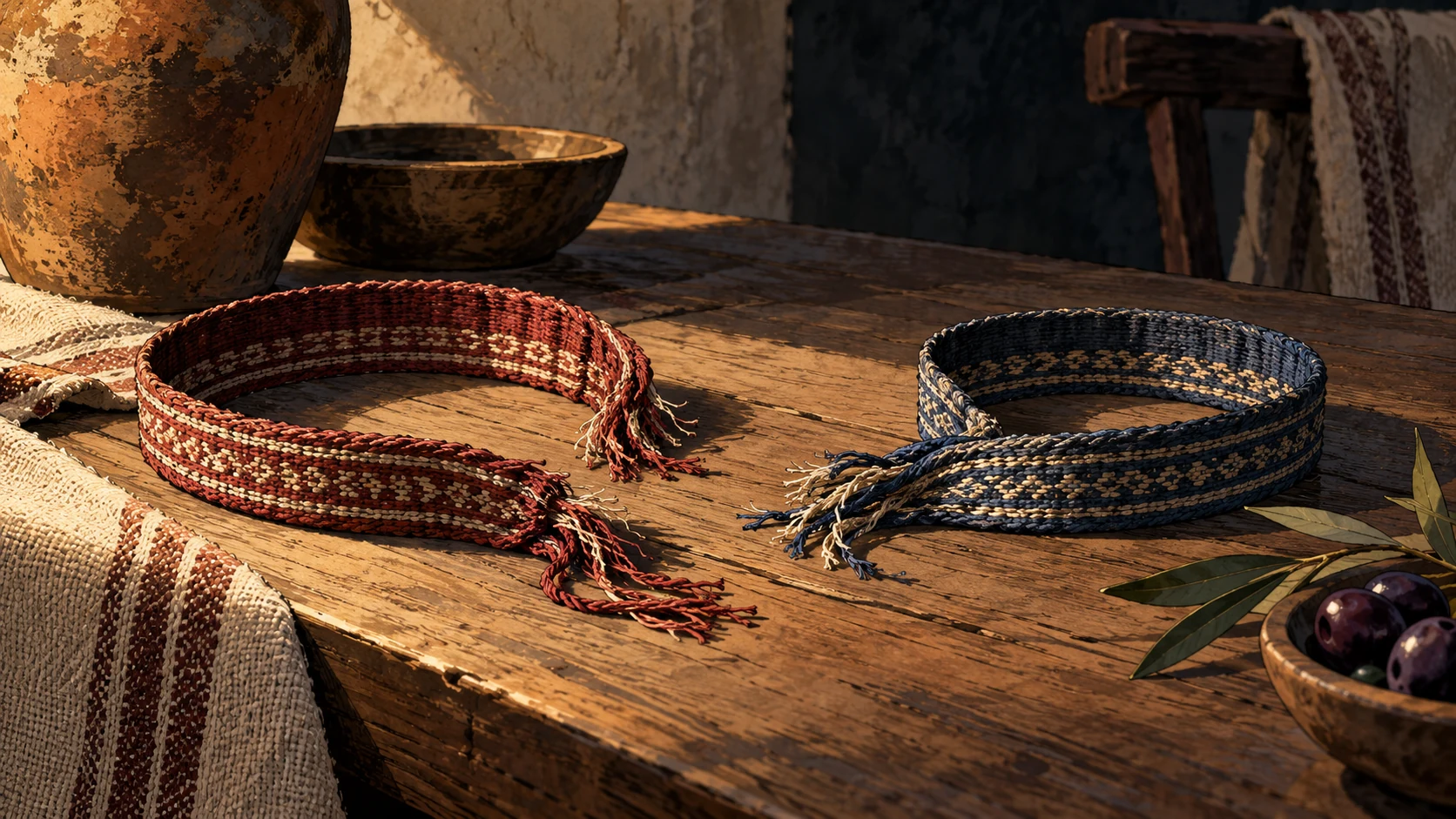 Two simple ancient woven bands once joined now lie separated on a plain domestic table, close overhead symbolic still life; no writing, broken wedding spectacle or identified people.