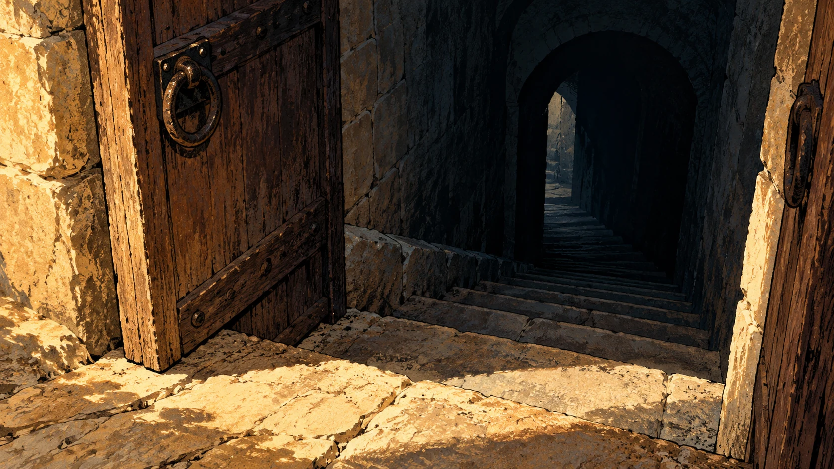 An empty ancient doorway opens onto steep descending stairs into shadow, low view from threshold, no woman, dead body, underworld creature or historical ruin claim.