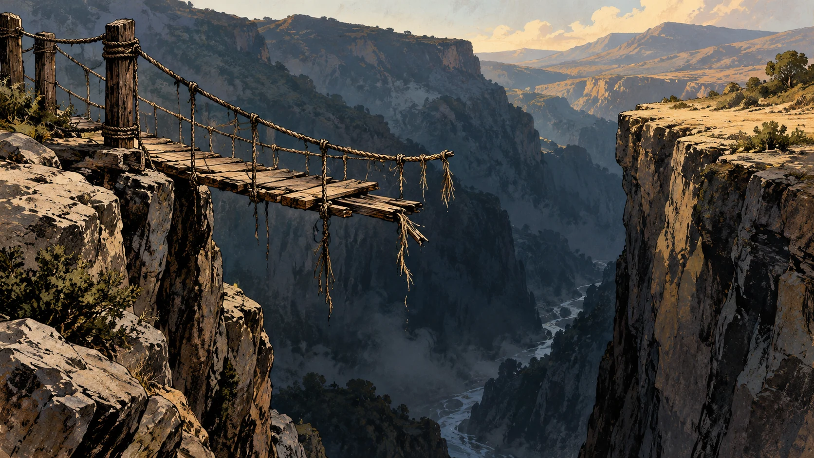 A worn rope footbridge ends short of the far bank across a dark ravine, empty of people, lateral wide view of an interrupted crossing; no fall or death depicted.