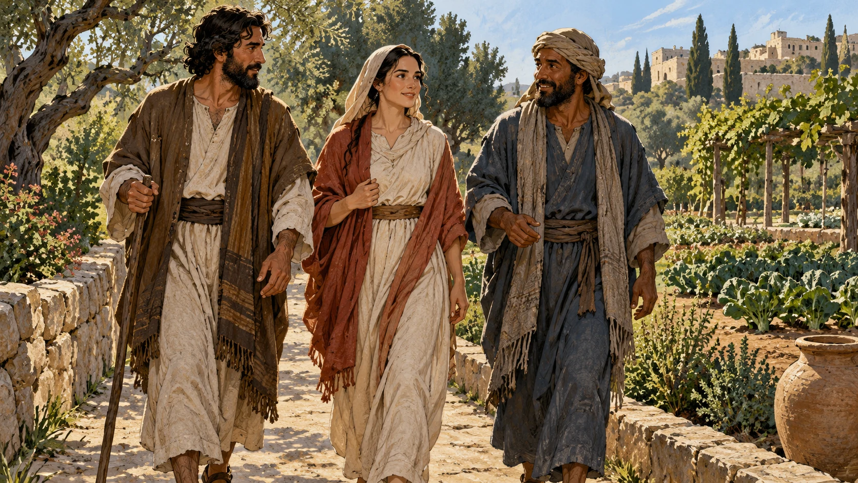 Three different anonymous adults walk together along a firm garden path toward cultivated ground; medium frontal view, dignified companionship, no named historical group, no lake vista.