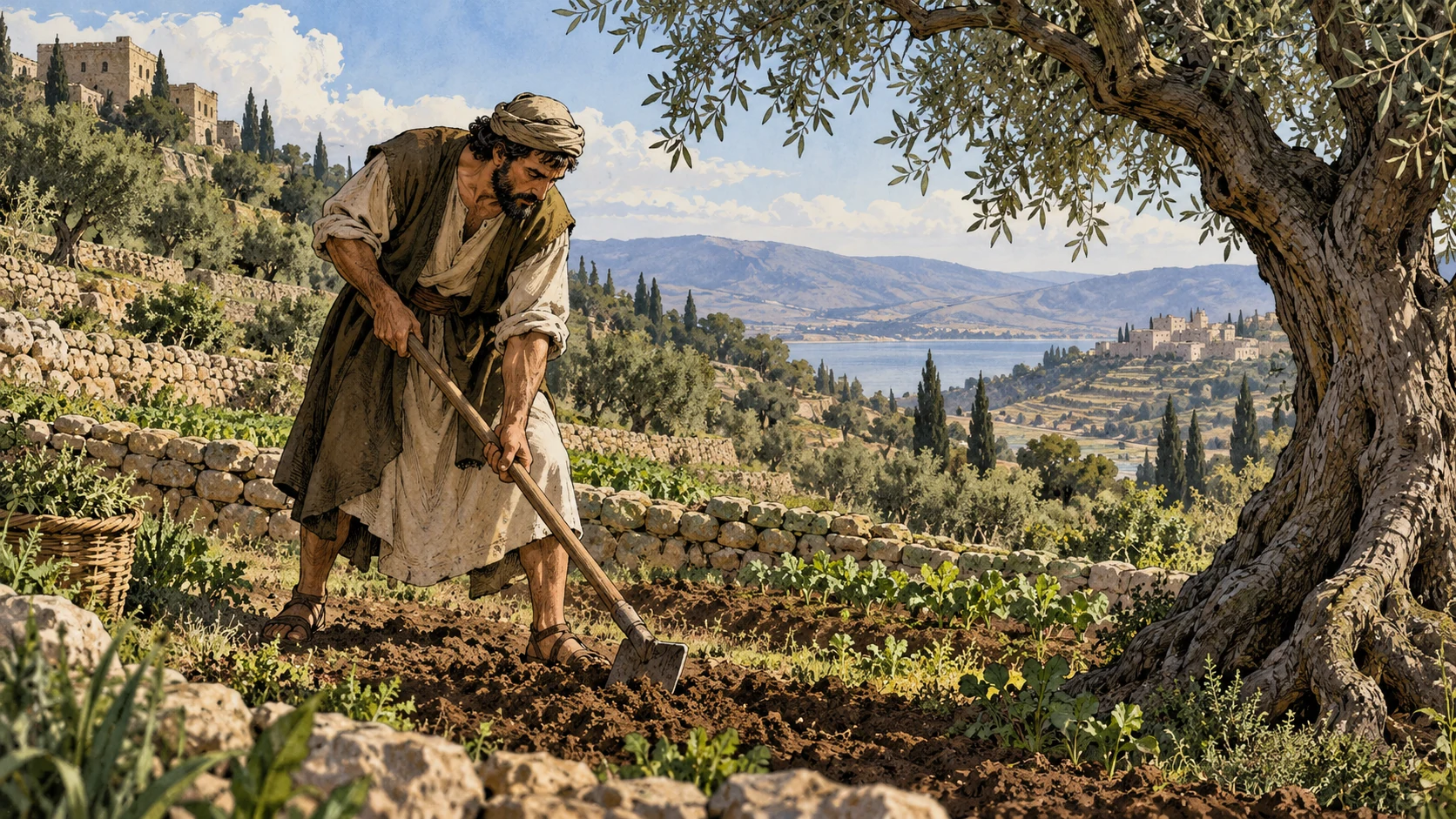 Anonymous clothed adult cultivates a small terraced field beside a rooted olive tree, earth-level wide view centered on lasting cultivation, muted spring green, no miraculous prosperity.