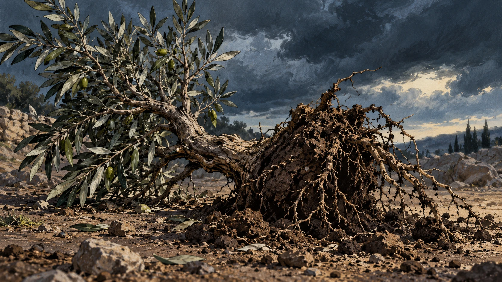 A single uprooted olive root with exposed soil lies on bare ground, tight ground-level object composition, storm-blue shadows, no deity, human expulsion or invented death.