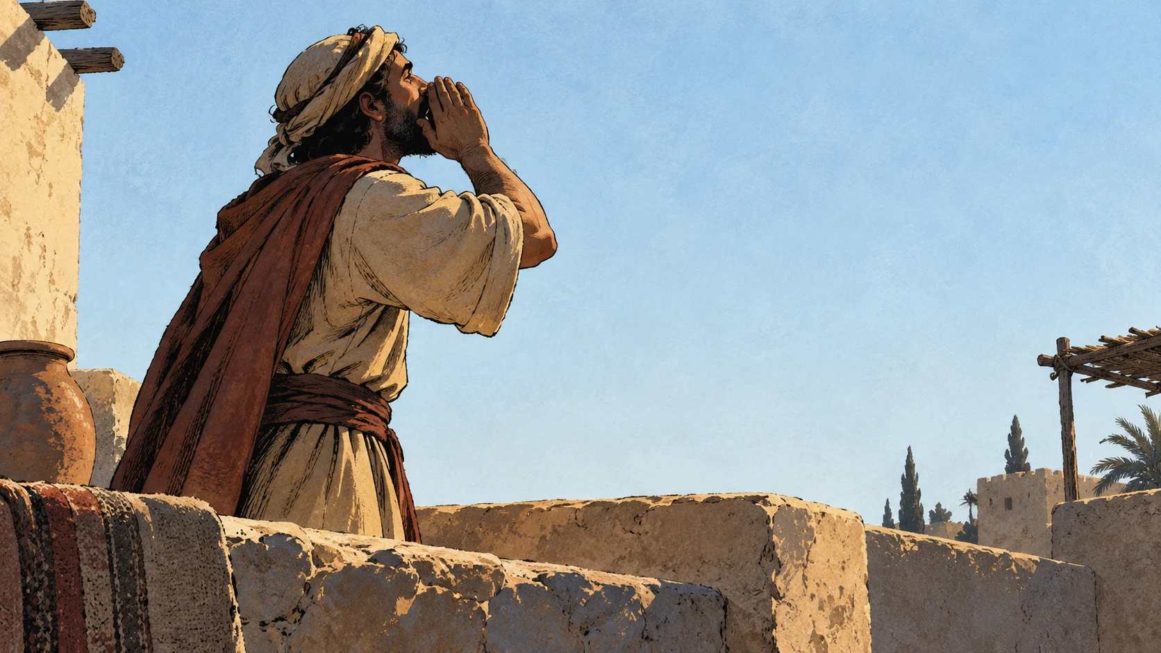 Anonymous adult on a bare ancient rooftop cups hands beside the mouth in a calling gesture; side silhouette against clear pale sky, no speech marks or distant village panorama.