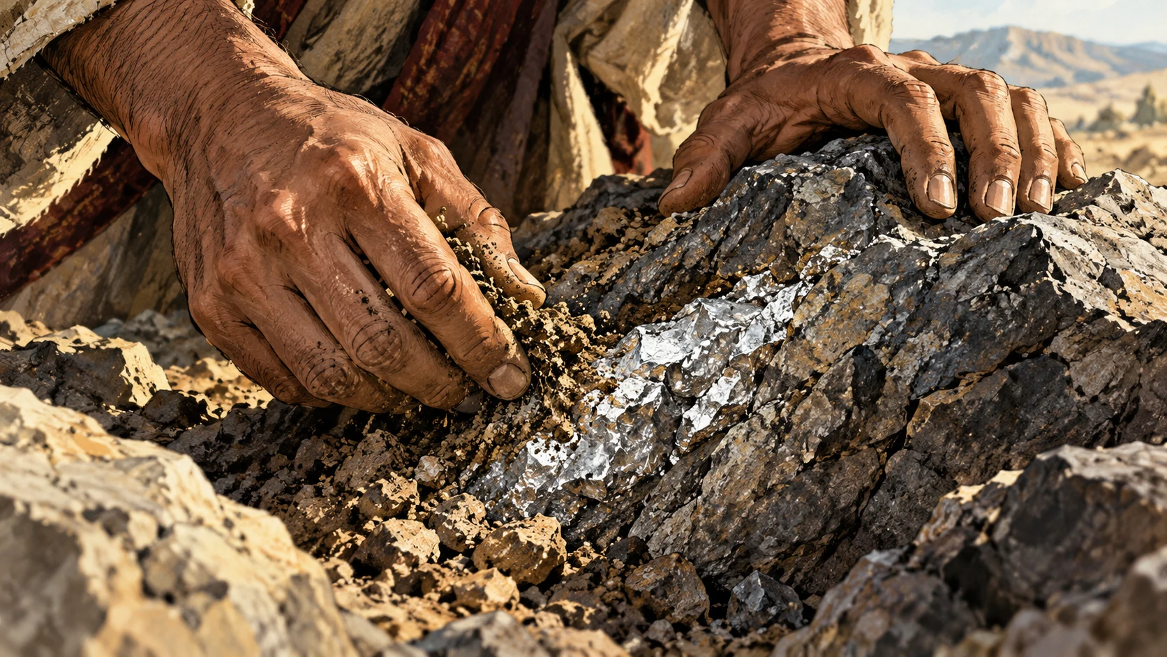 Anonymous adult hands brush earth from a small vein of raw silver within broken stone, tight tactile macro view, no coins or letters.