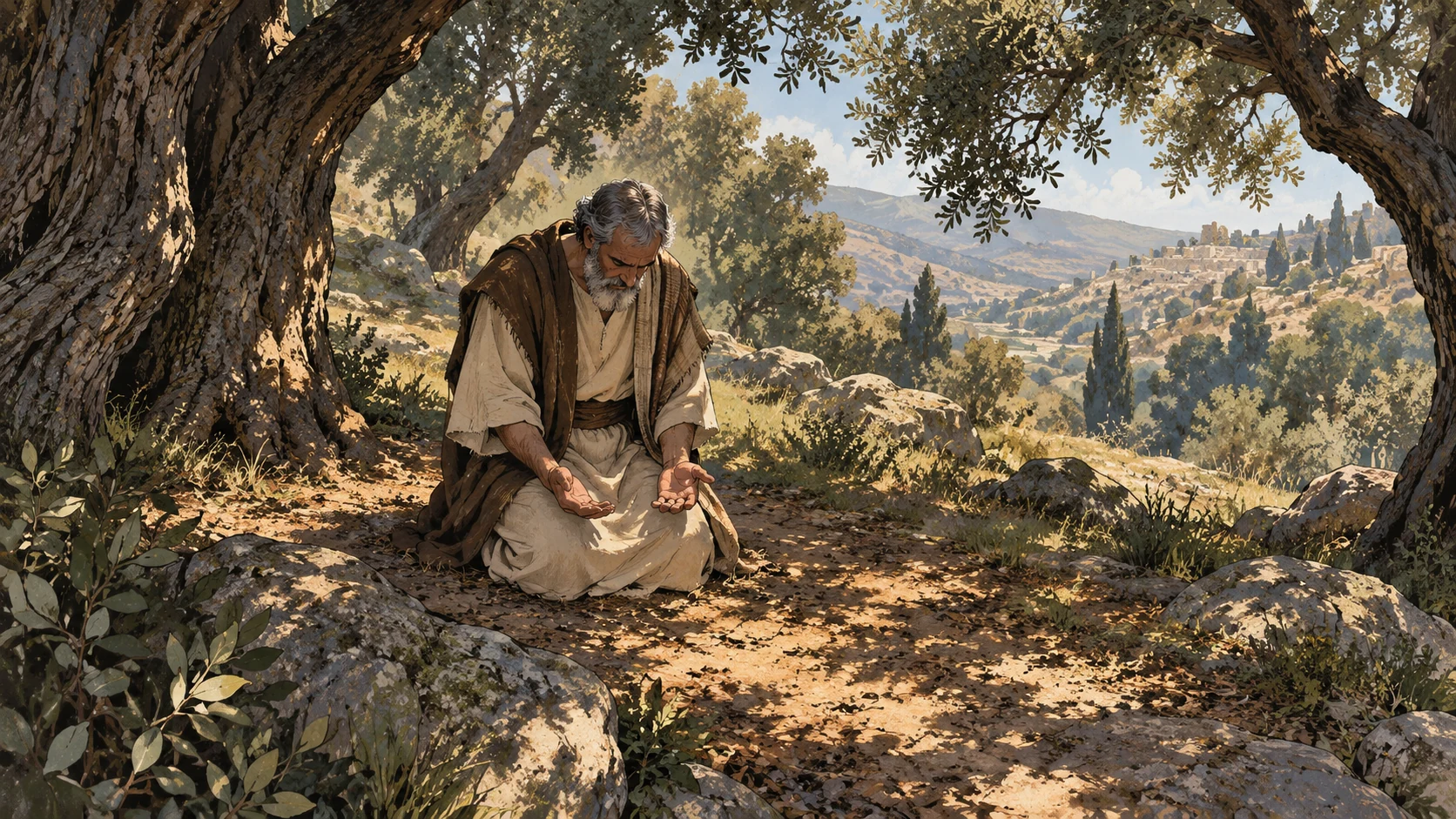 A different anonymous older adult kneels humbly in a quiet grove, palms open low, high wide view emphasizing stillness among living trees, no deity or luminous apparition.
