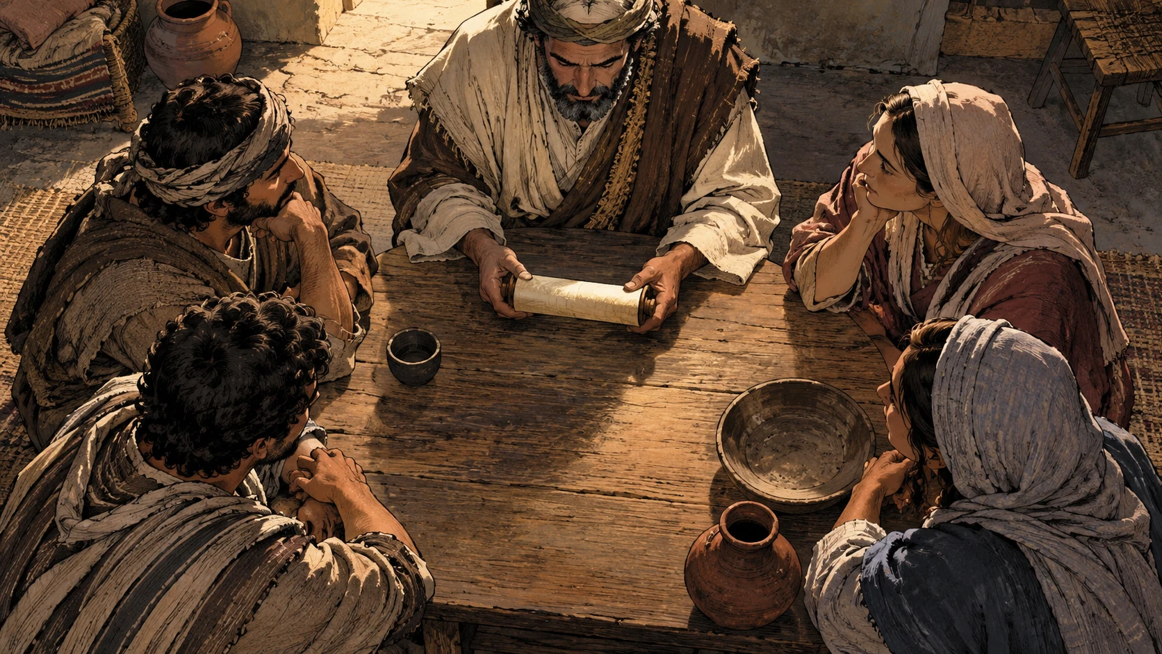 A small anonymous group receives instruction from an unmarked scroll held closed at the center of a plain teaching room; overhead table view, no divine figure or mouth, no letters.