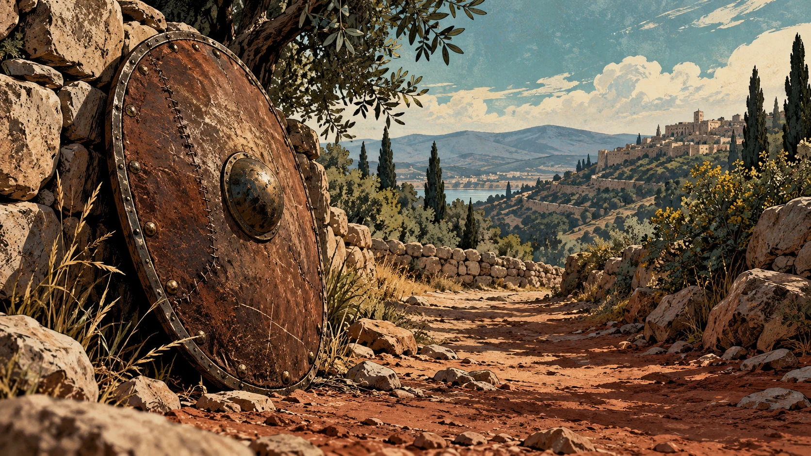 A plain ancient leather-covered shield stands upright beside a well-used footpath, close low side view, no person or divine warrior. Earthen red and muted teal.