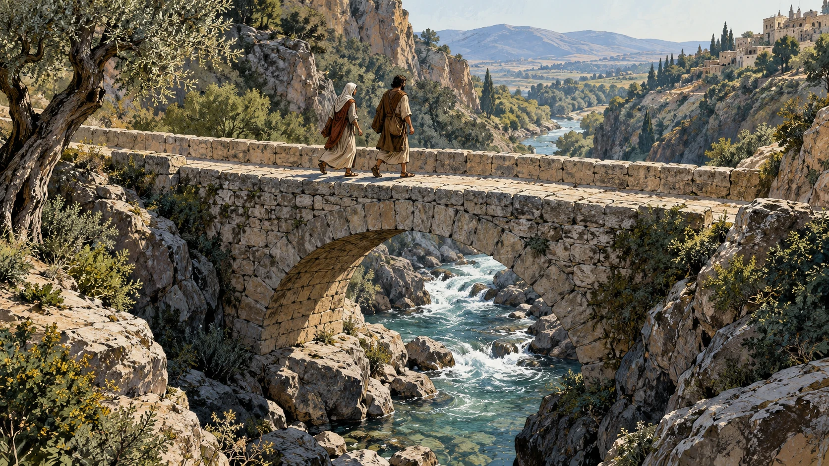 An ancient narrow stone bridge with firm parapets carries two anonymous adults safely across a rocky stream; distant high geographic view, quiet rather than miraculous protection. No shield.