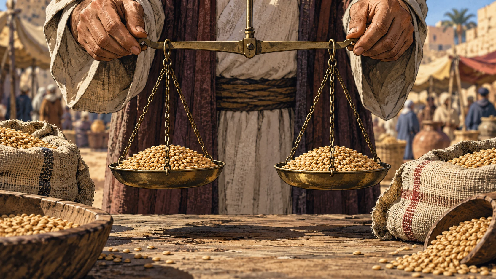 Overhead close scene of an ancient balance held level above two equal portions of grain in a modest marketplace; only hands and honest measured goods, no inscriptions.