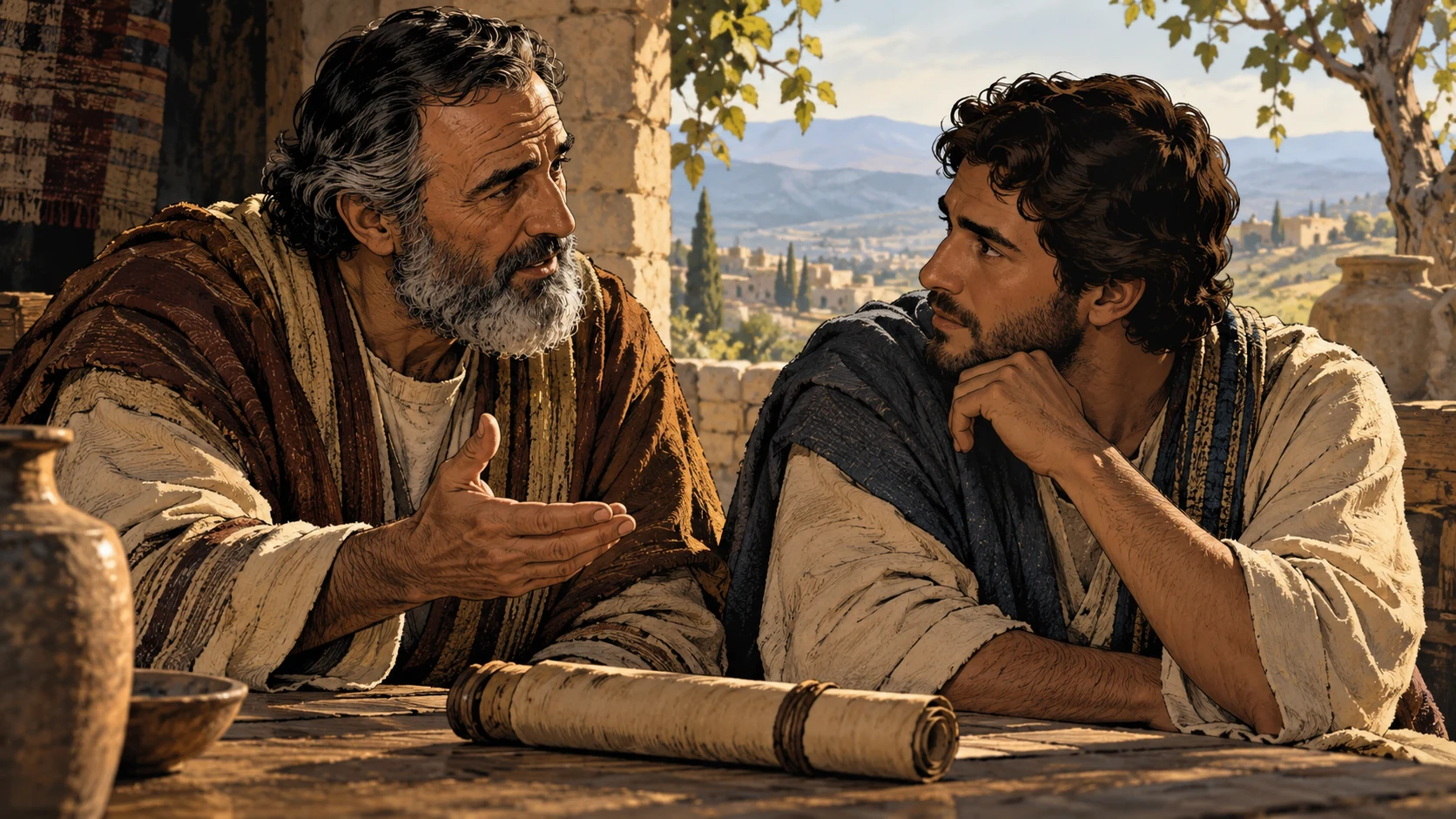 An elder teaches an attentive adult beside a closed scroll under a tree.
