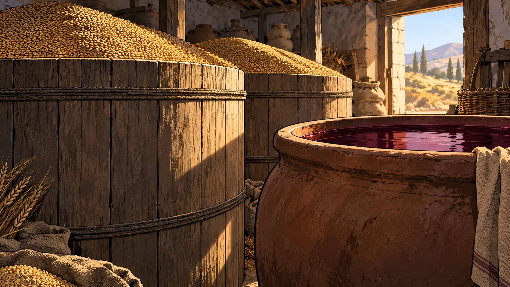 Full grain bins stand beside an open clay wine vat.