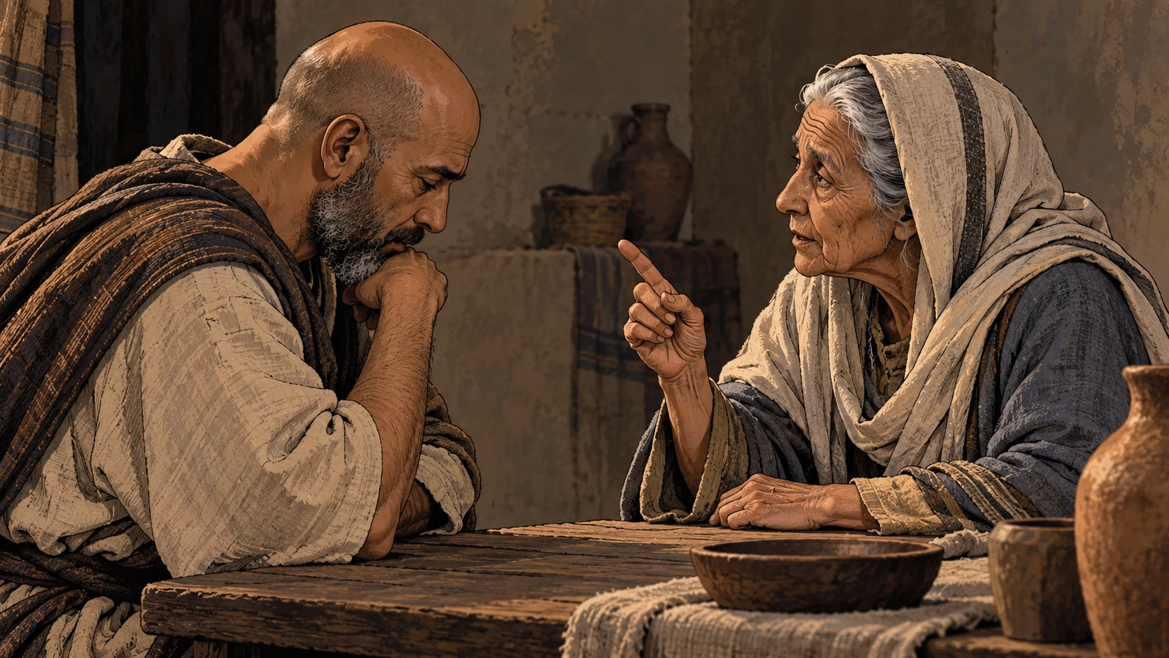 A bald adult listens to an elderly woman’s restrained correcting gesture.