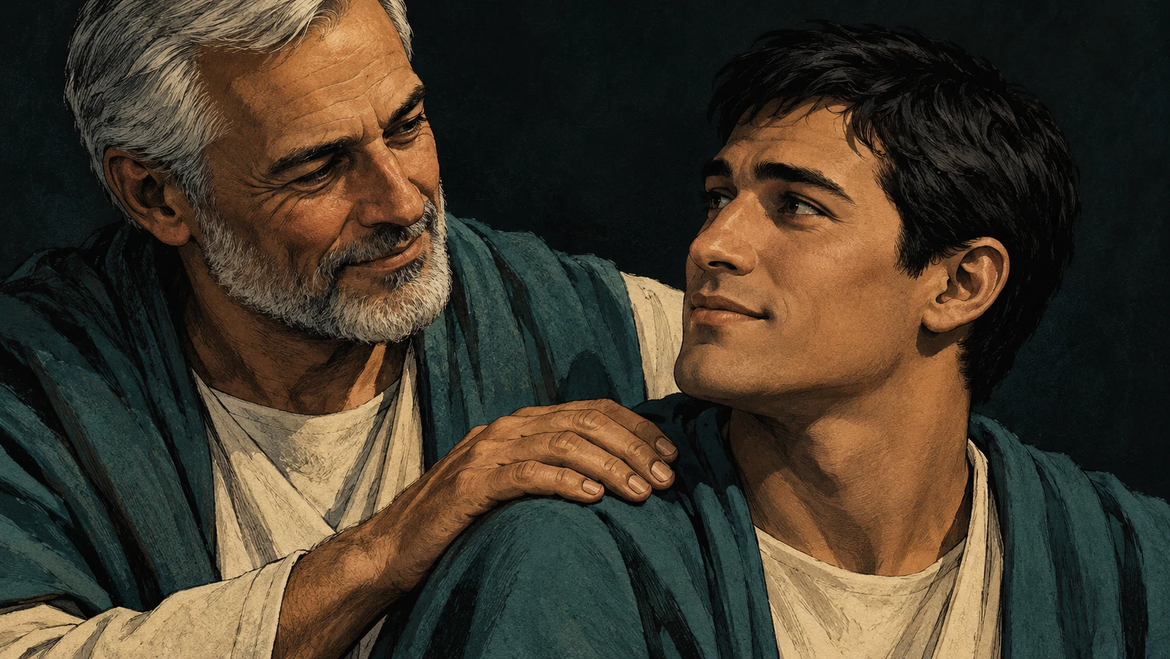 A gray-haired father gently rests his hand on an adult son’s shoulder.