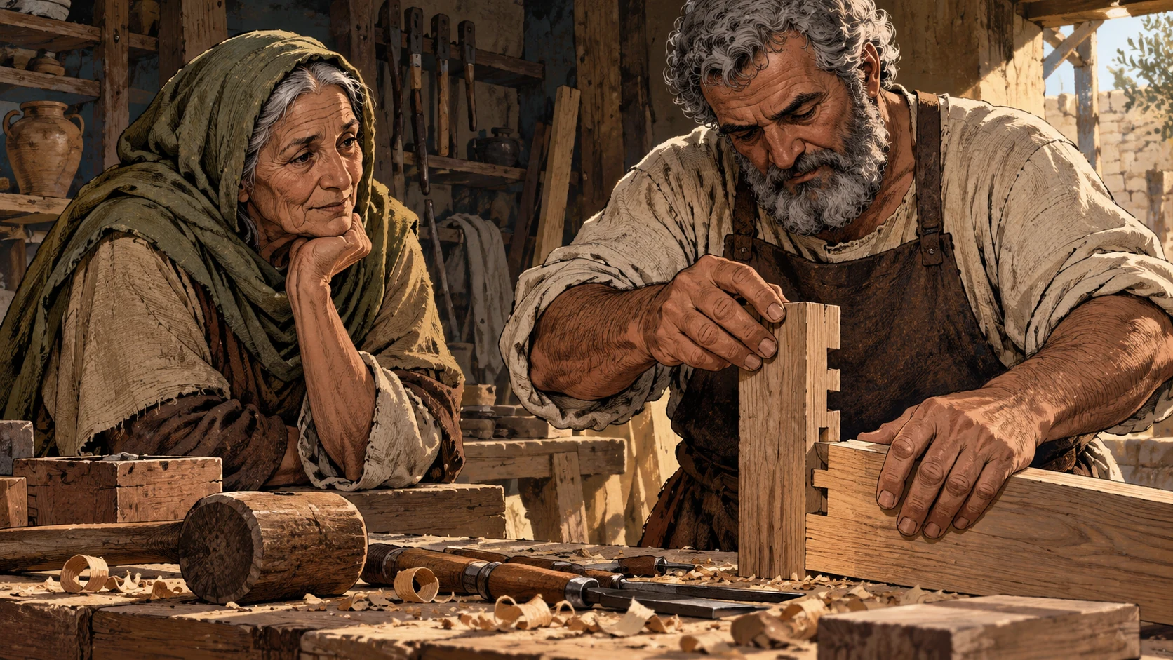 An elderly woman watches a craftsman carefully fit a timber joint.