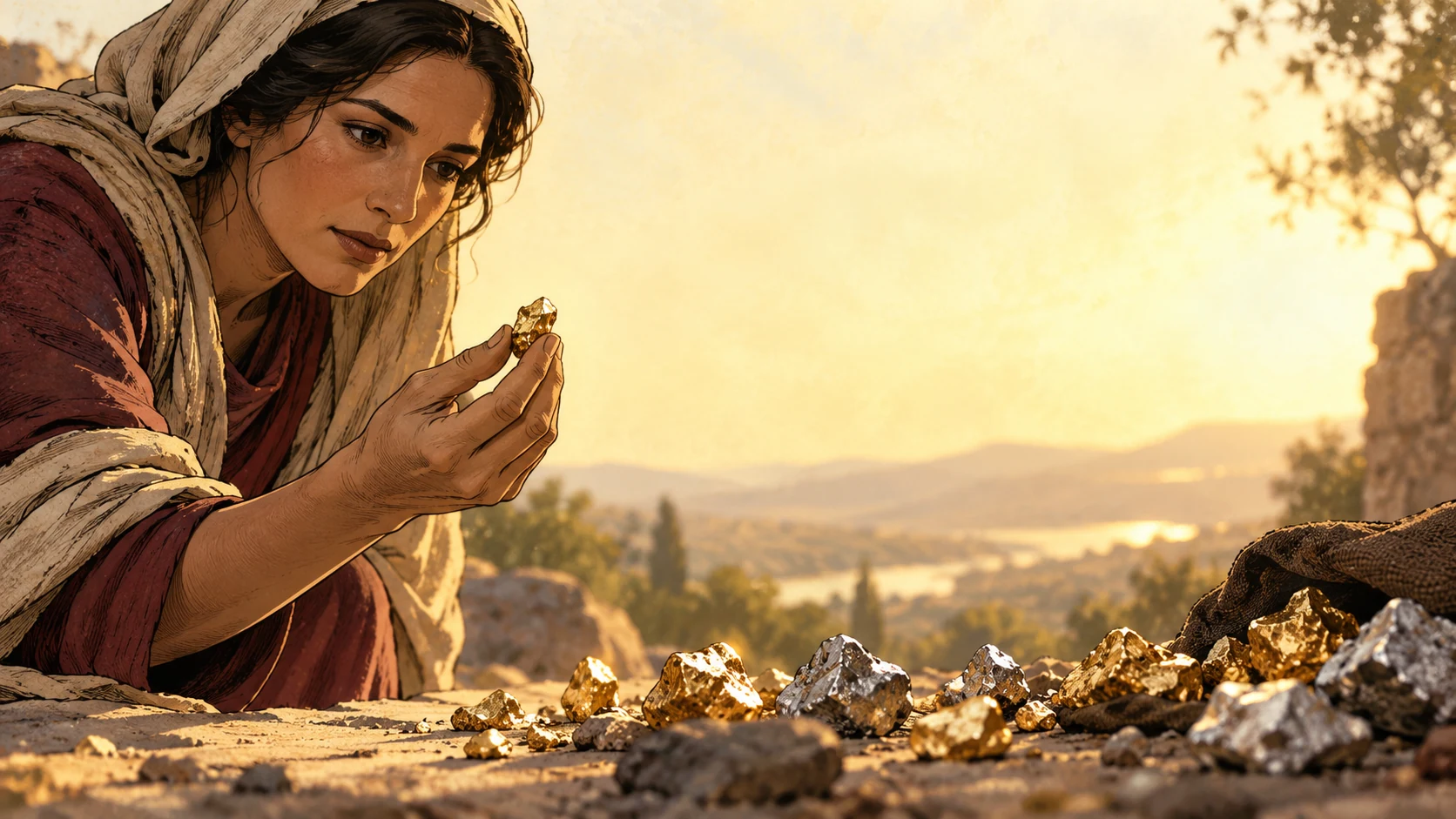 An adult examines raw metal fragments in warm light.