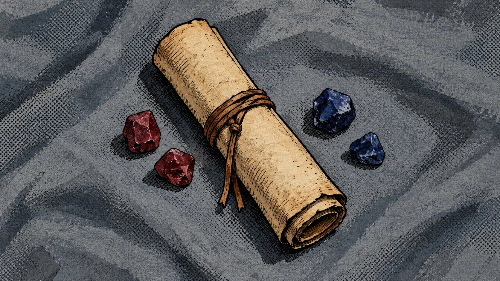 A closed teaching scroll lies beside four colored stones on gray fabric.