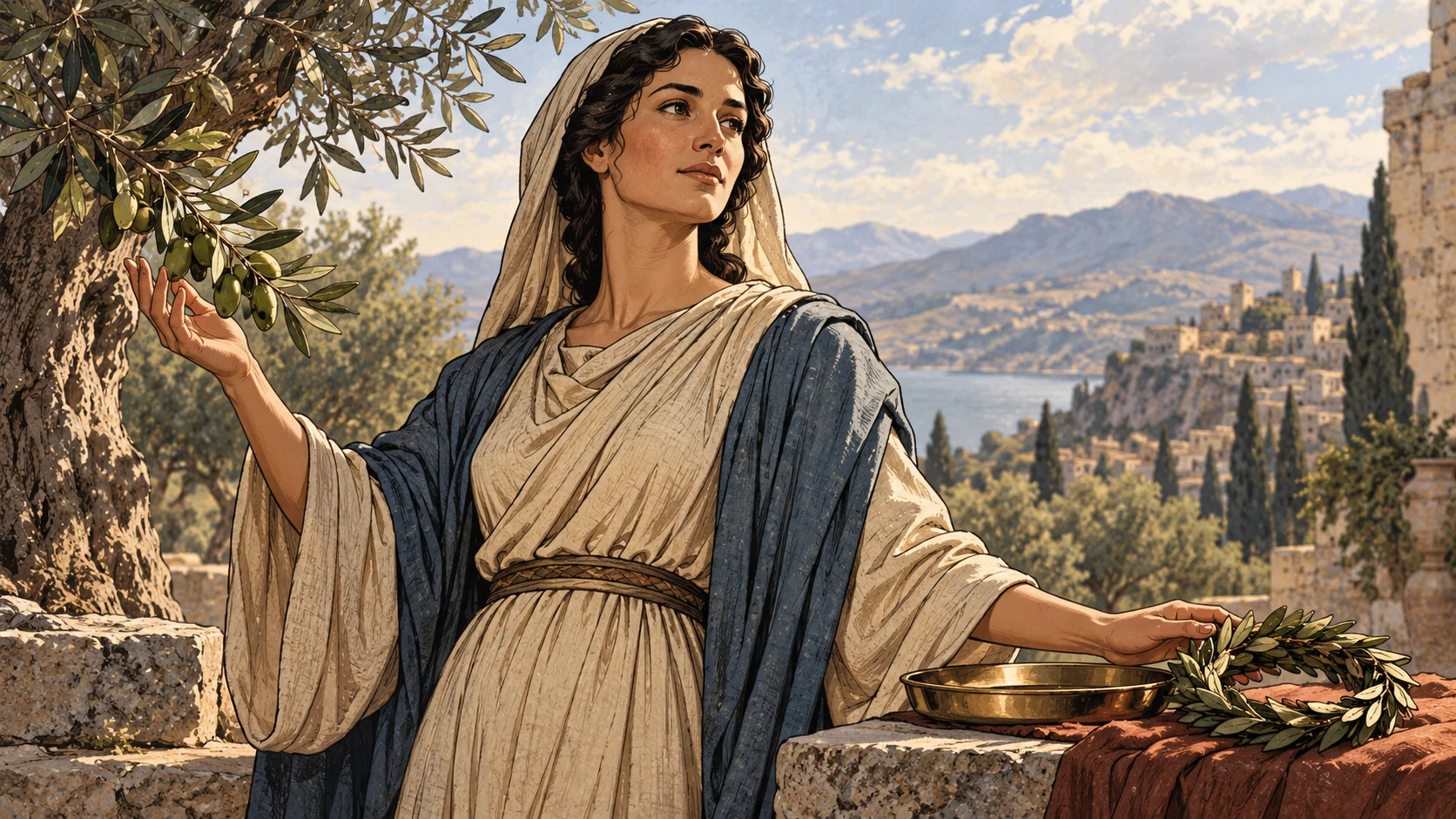 A symbolic woman holds an olive sprig beside a bowl of metal and a wreath.