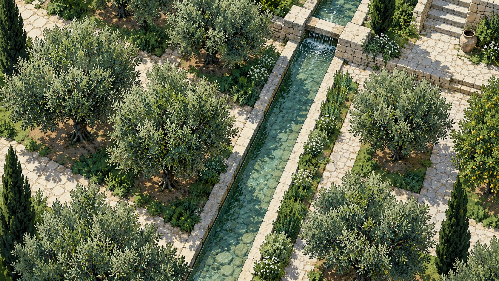 An orchard walkway and still irrigation channel appear from above.