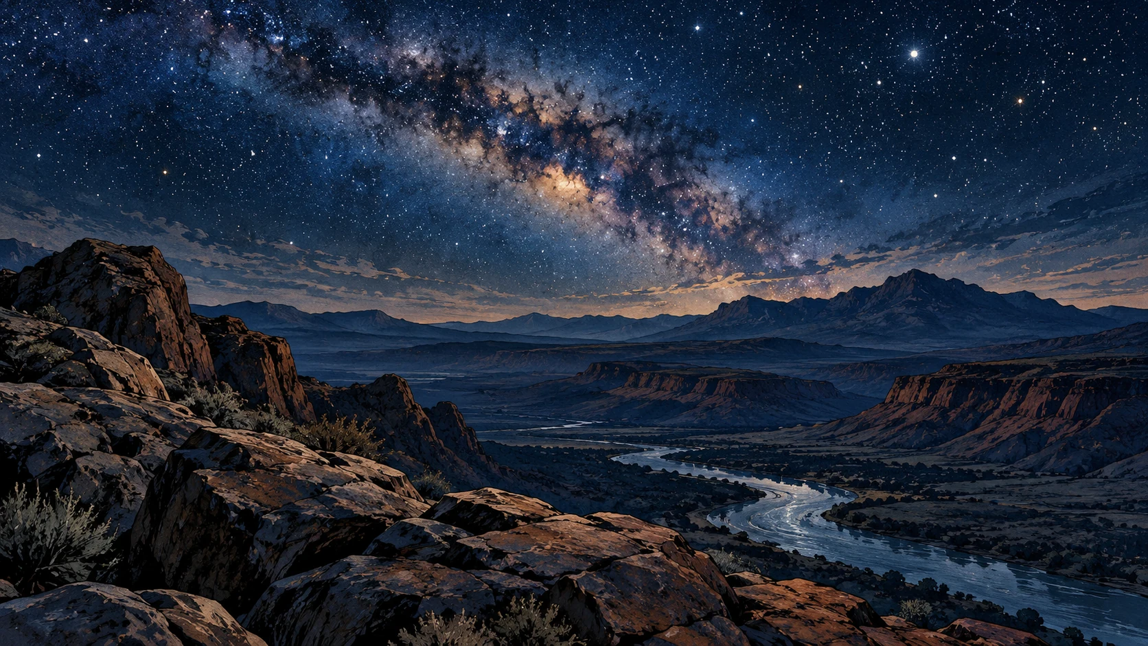 An unpeopled rocky landscape stretches beneath a sweeping starry sky.
