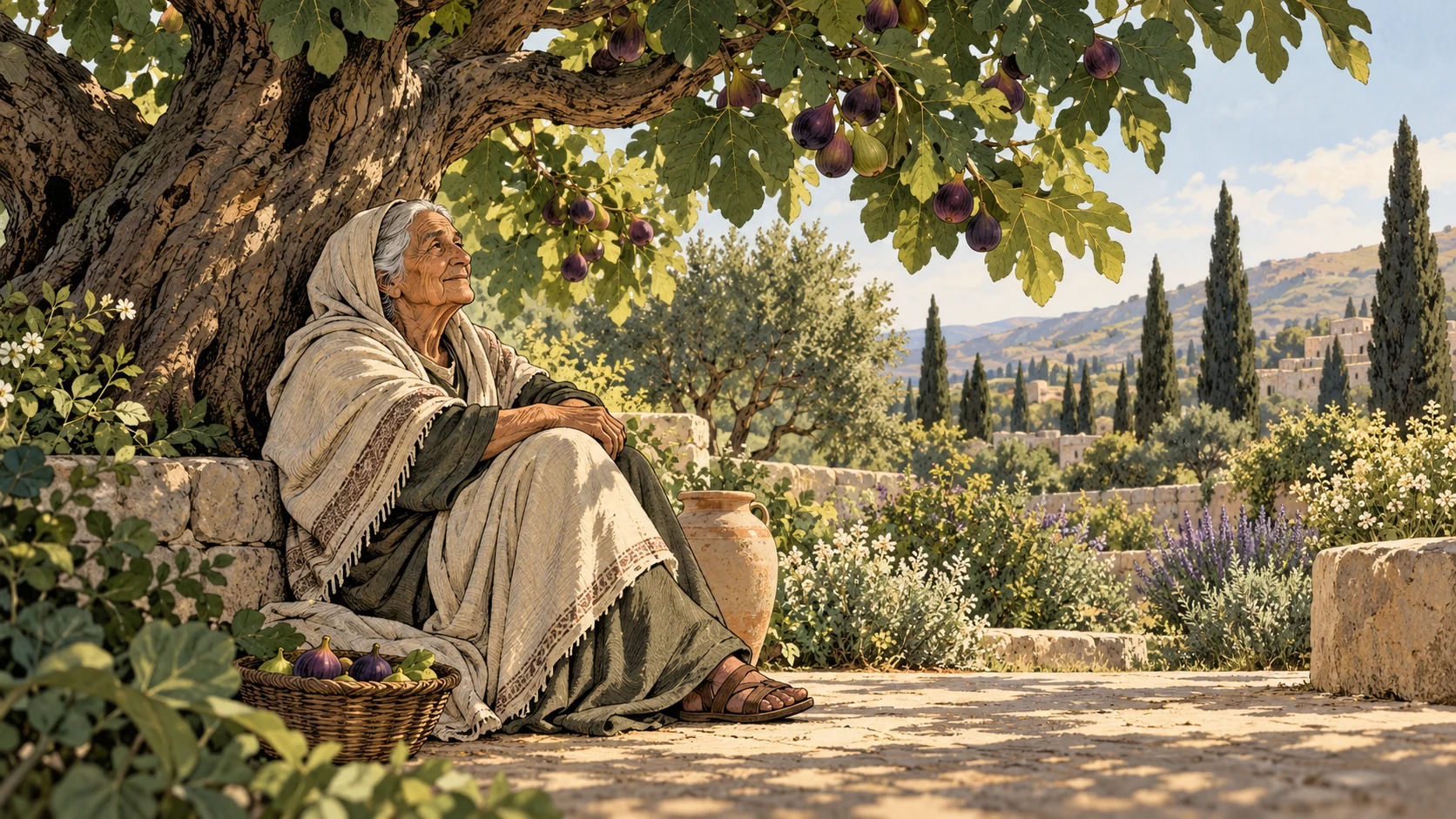 An elderly woman rests beneath a fruitful fig tree in a quiet garden.