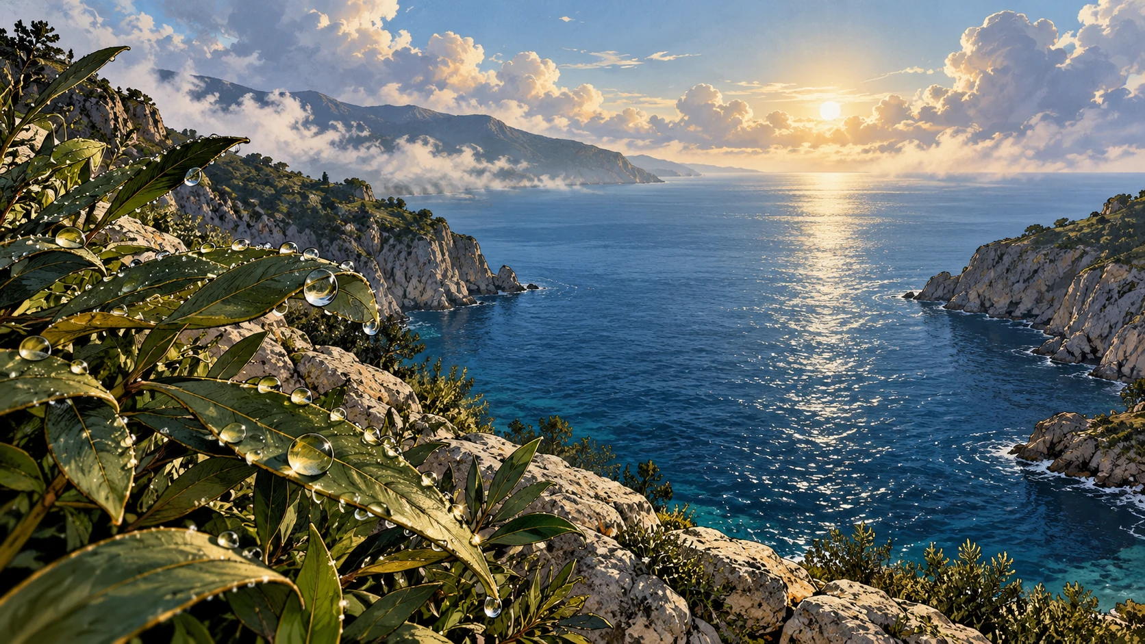 Dewy leaves overlook deep blue water between rocky headlands under clouds.
