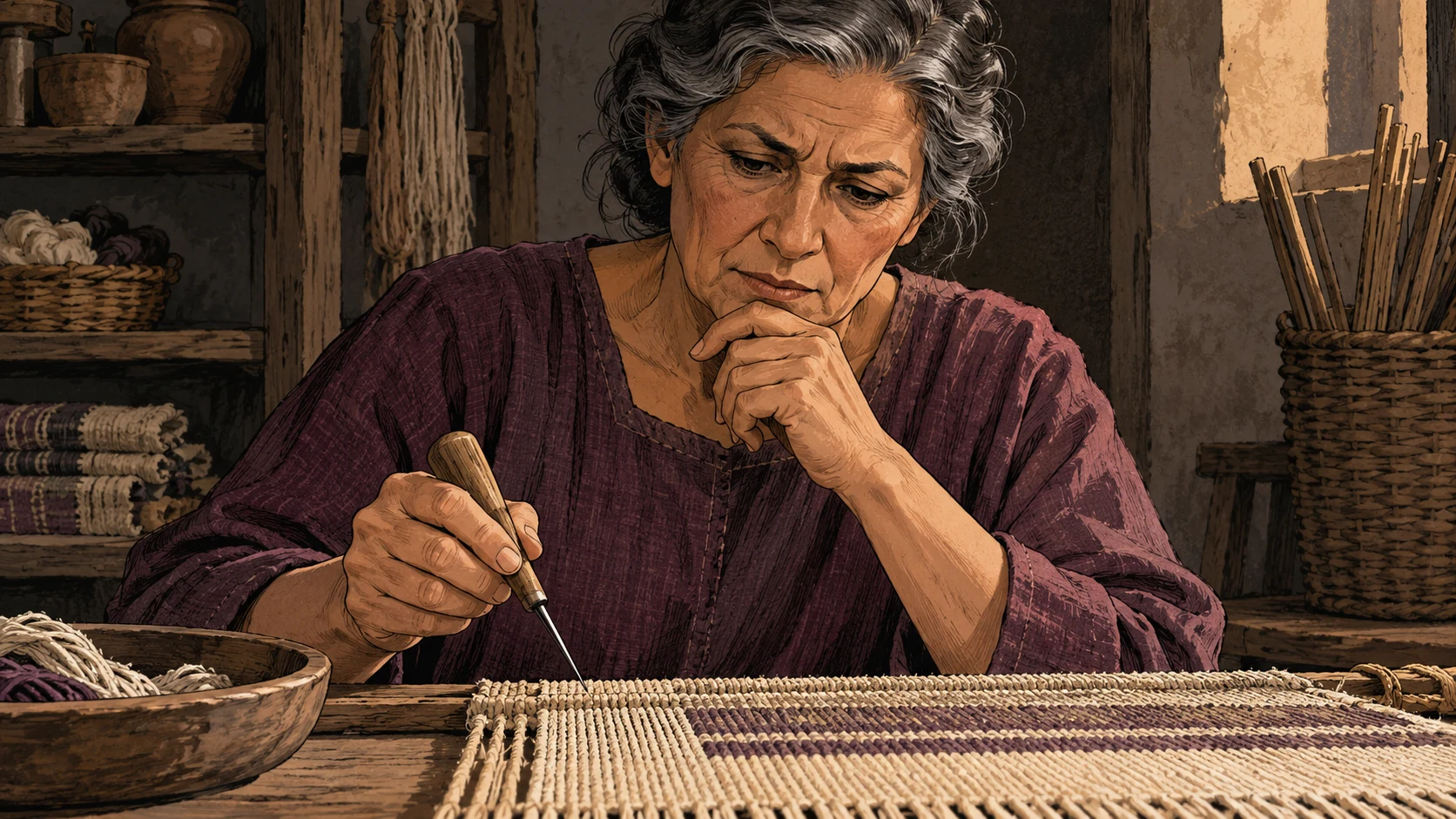 A gray-haired woman studies a weaving task beside simple workshop tools.